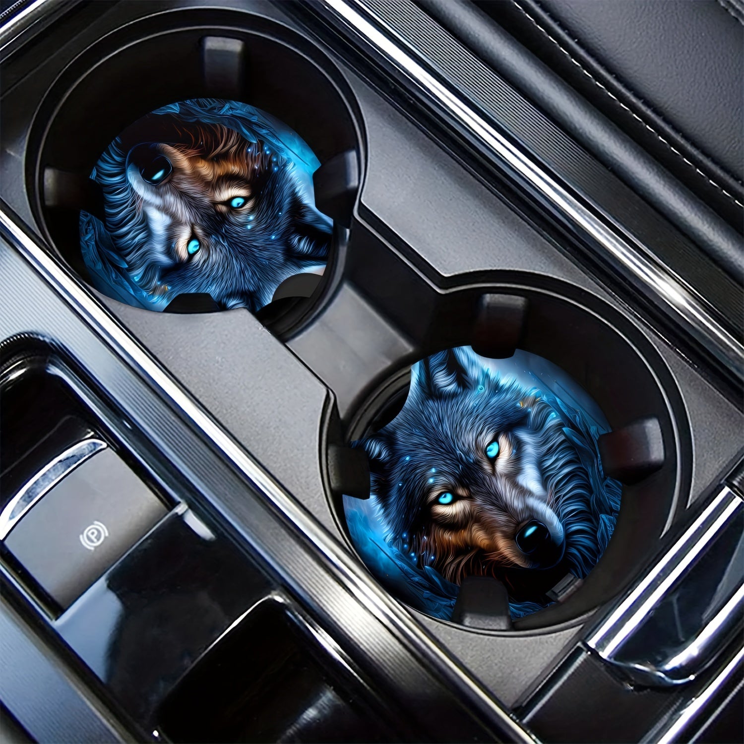 2pcs Blue Flame Wolf Pattern Absorbent Car Cup Holder Coasters Non-slip Rubber
