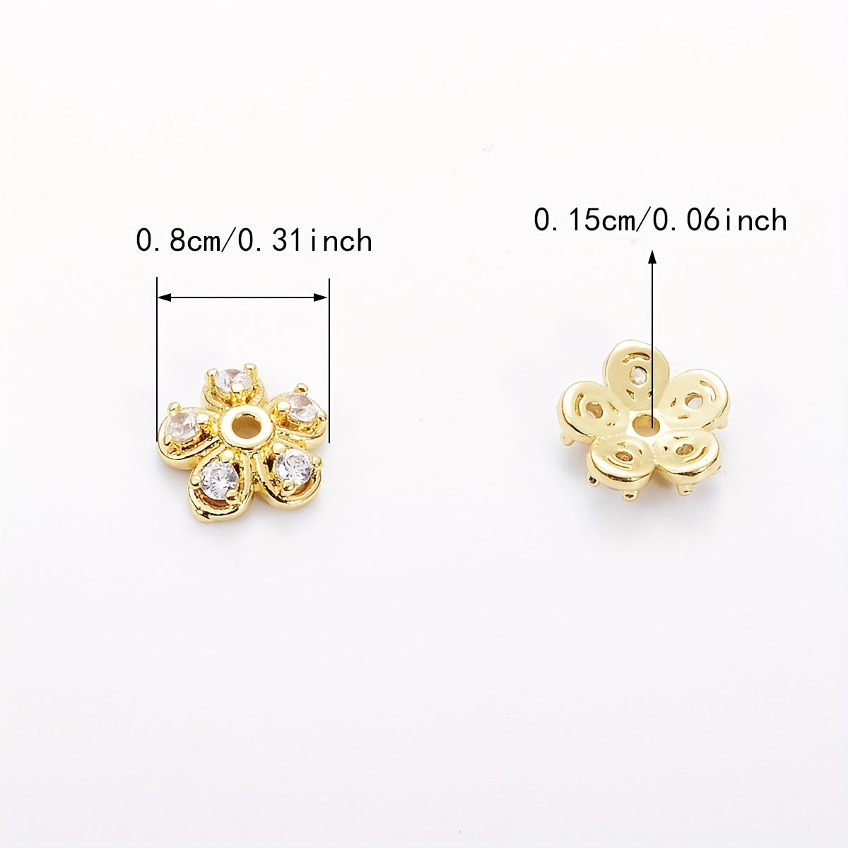 Brass Flower Bead Caps Set of 20 with Synthetic Cubic Zircons 6mm 8mm 10mm