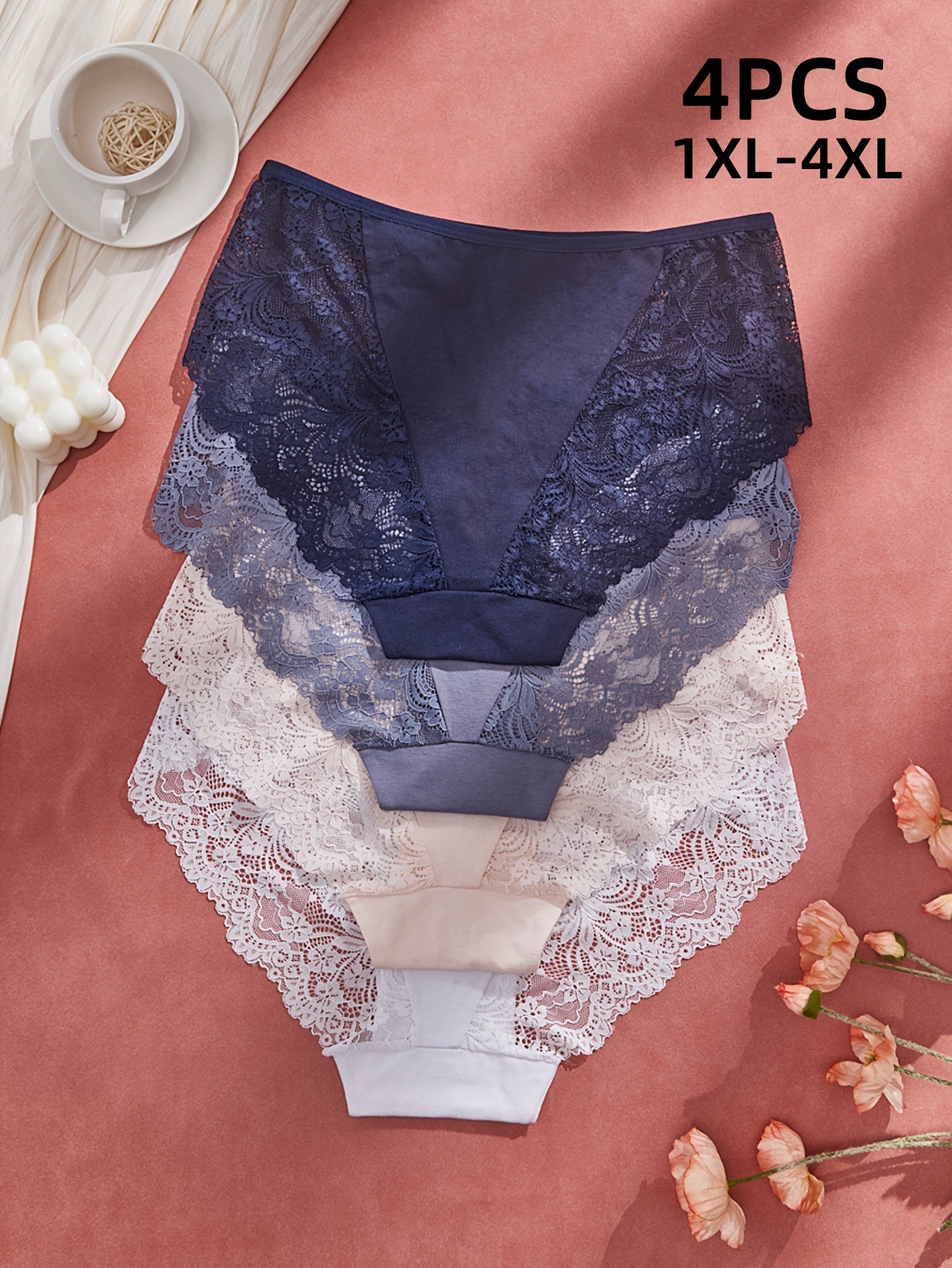 Plus Size Women's High Waist Lace Briefs Set 4 Pack Polyamide Stretch