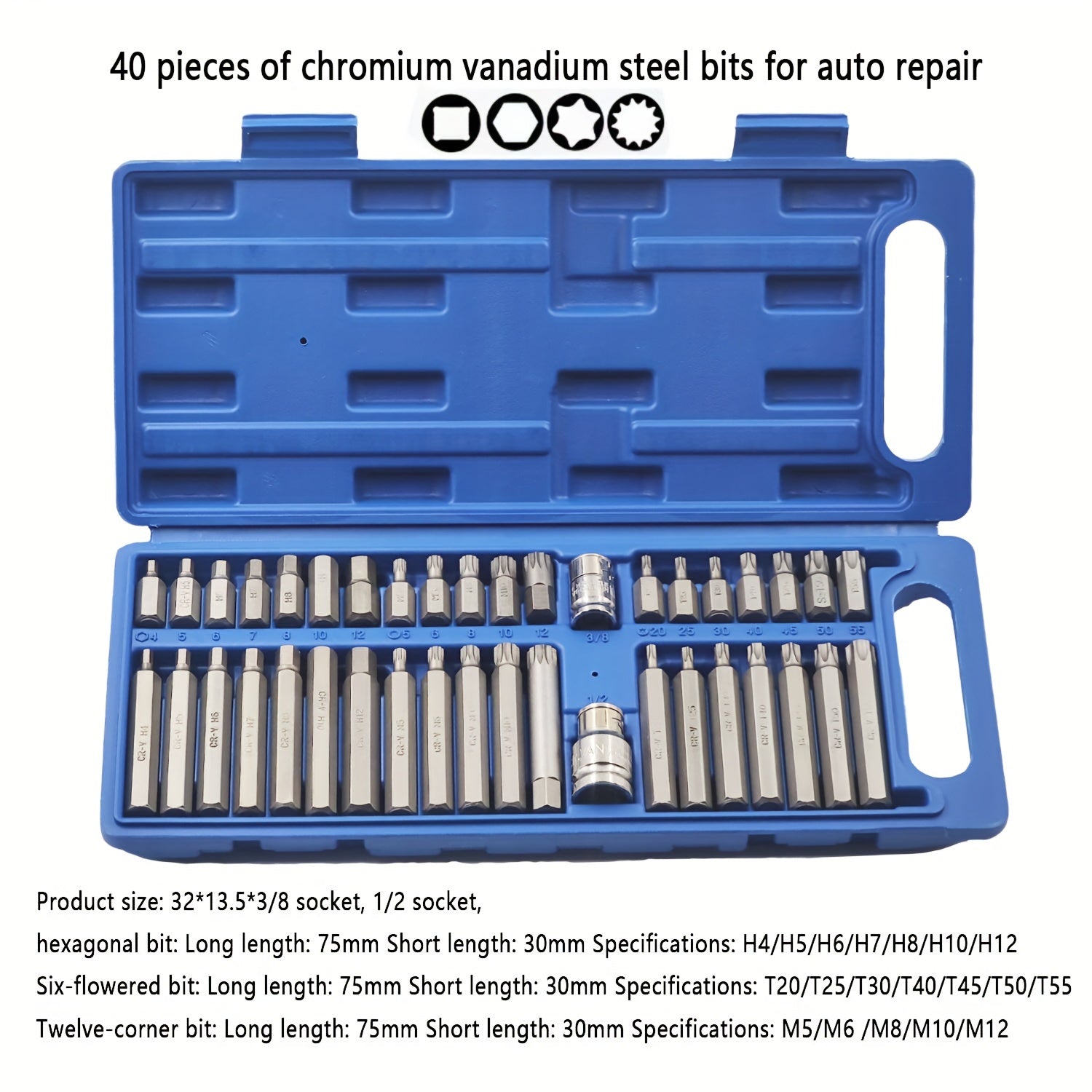 40 dona Avto ta'mirlash asboblari to'plami, shoxli kalit, S2 po'lat, olti burchakli boshqaruv