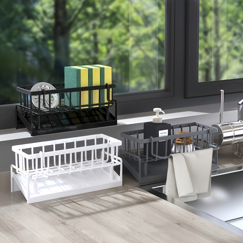 Kitchen Faucet Caddy with Sponge and Towel Storage Sturdy Plastic Stainless Steel