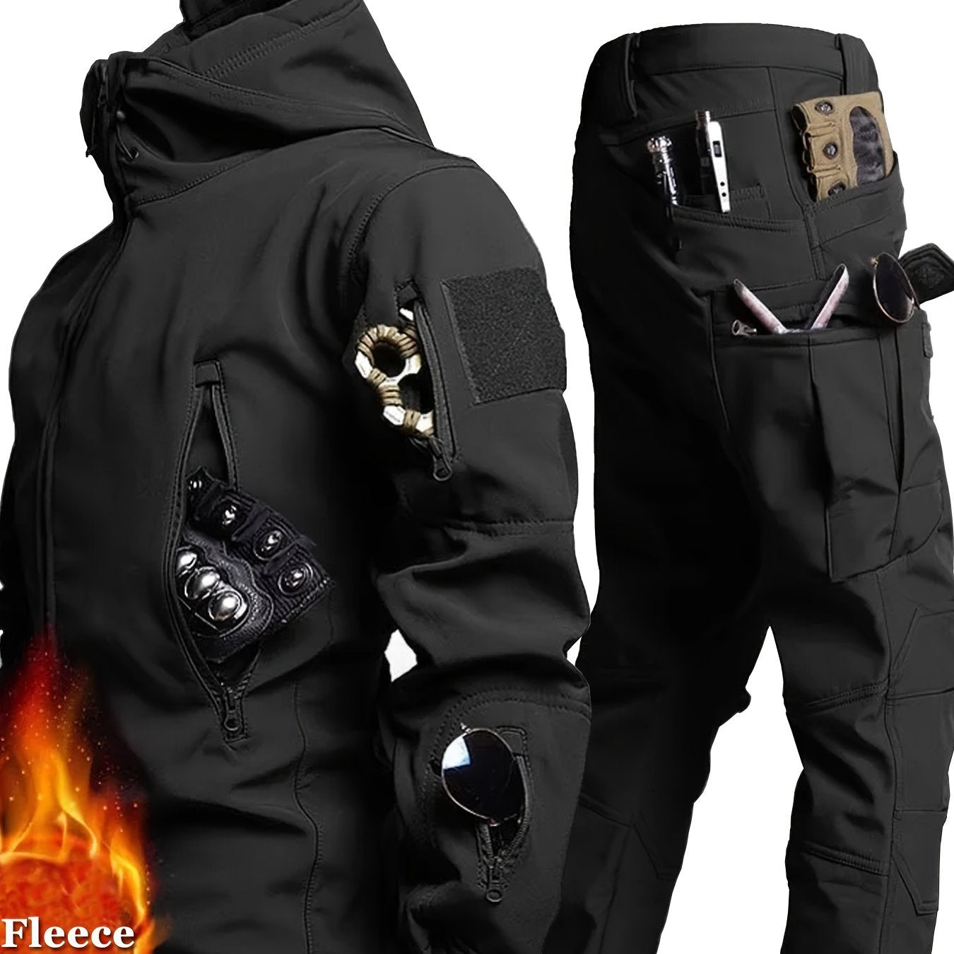 Men's Fleece-Lined Tactical Jacket and Cargo Pants Set for Outdoor Activities in Cold Weather