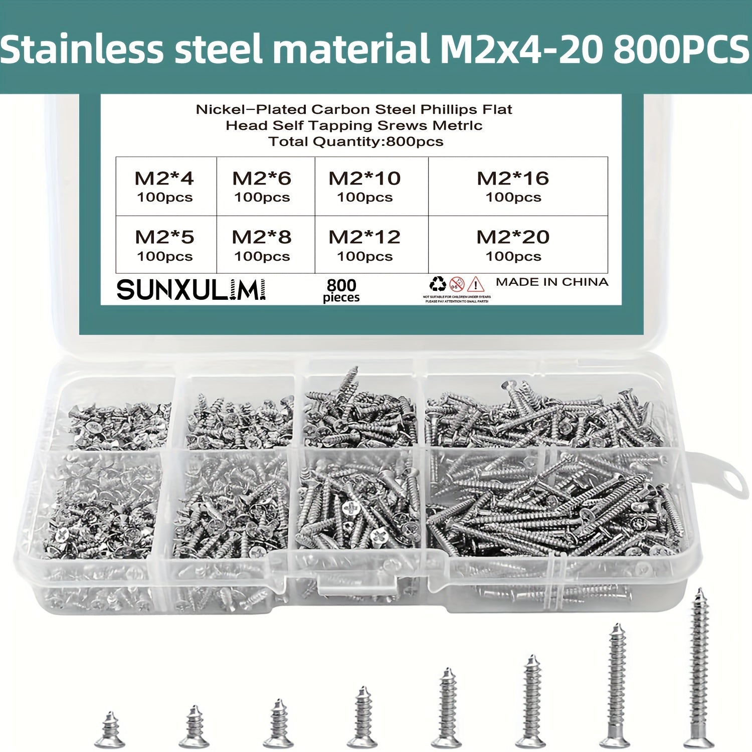 800pcs Self-Tapping Wood Screws Set, Nickel-Plated Carbon Steel, Assortment Kit