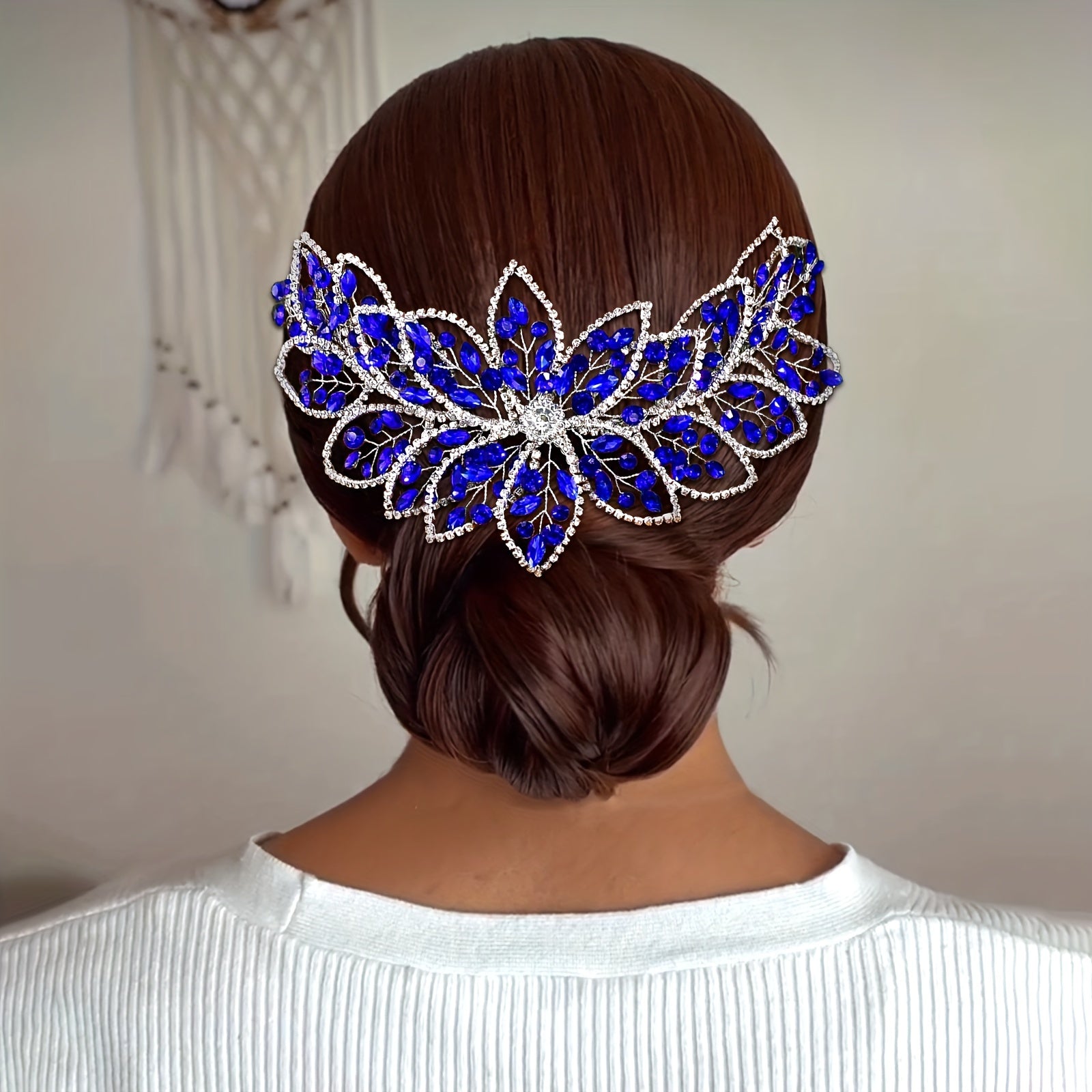 Blue Hairband with Rhinestones and Hollow-Out Design for Weddings and Special Occasions
