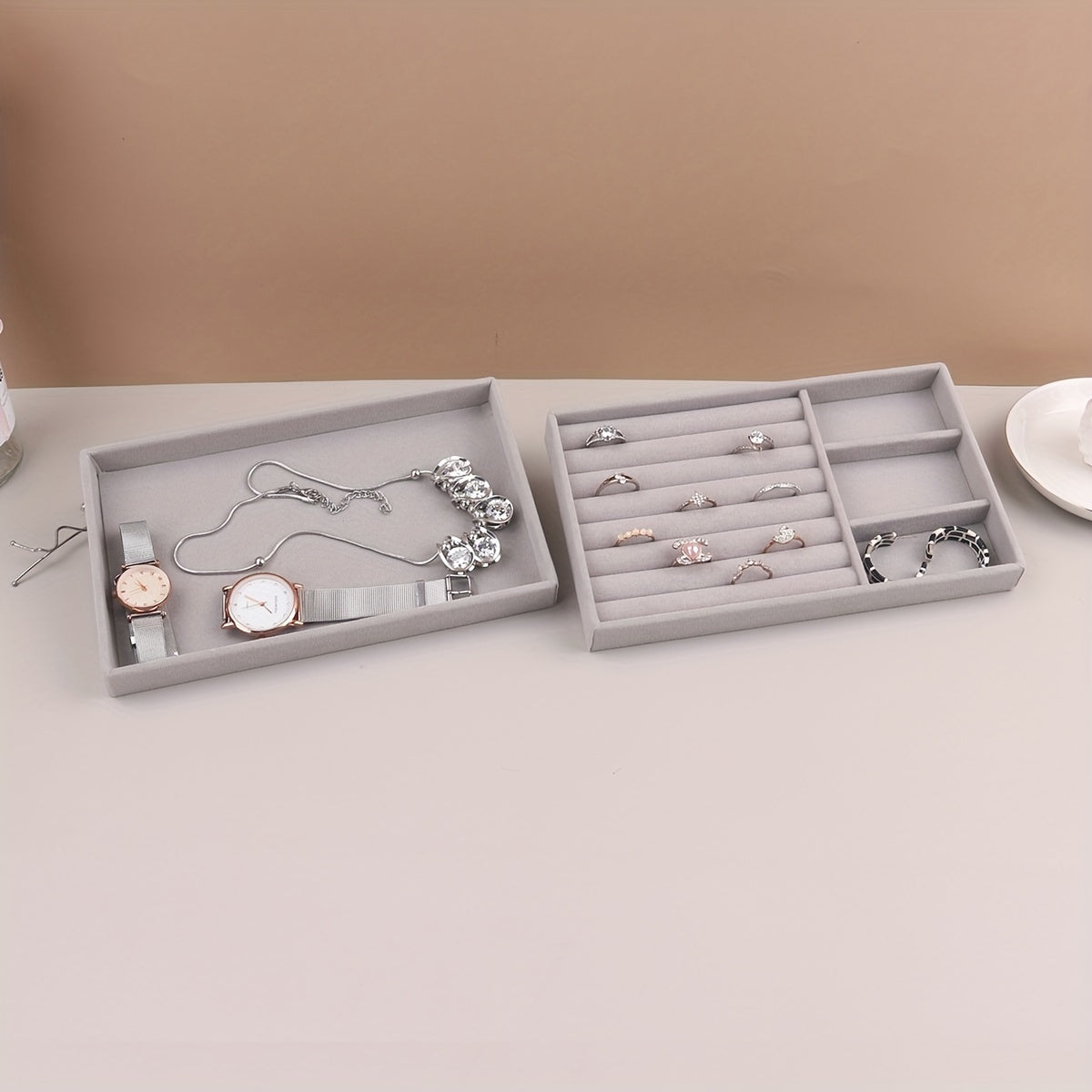 Grey Velvet Jewelry Tray Organizer with Compartments for Necklaces Bracelets Earrings Rings and Watches