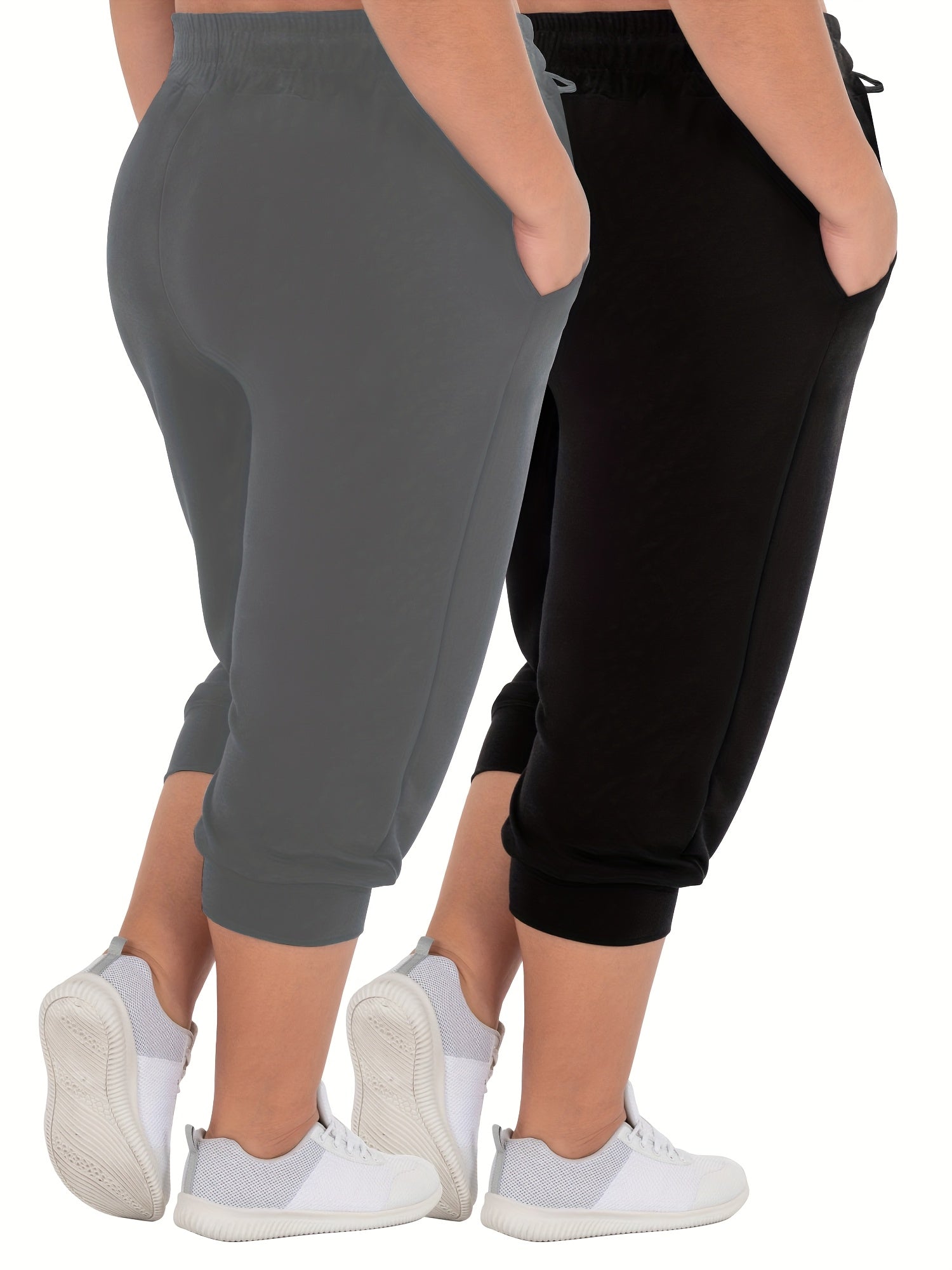 Plus Size Women's Stretchy Capri Joggers Black, Drawstring Waist, Pockets