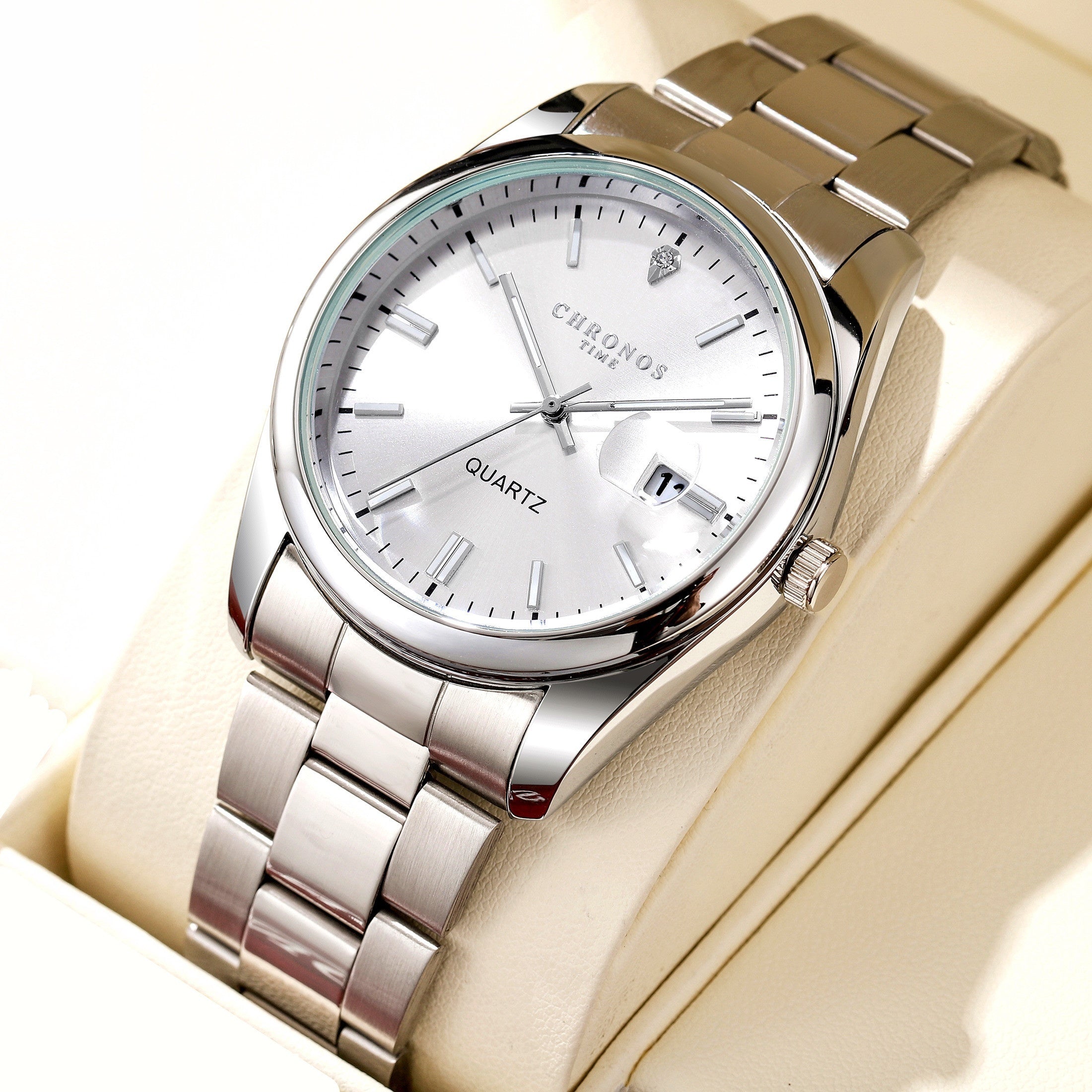Men's Stainless Steel Watch with Luminous Dial and Calendar