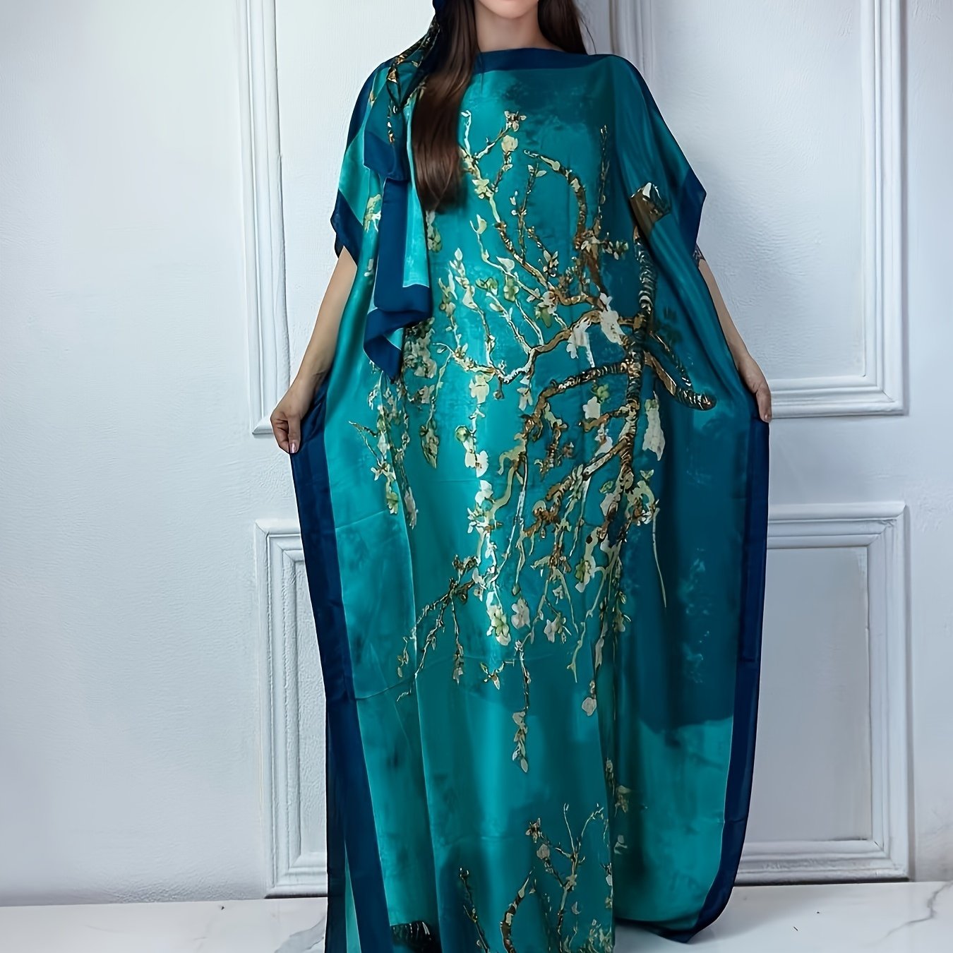 Women's Floral Print Maxi Dress with Batwing Sleeves for Spring Summer