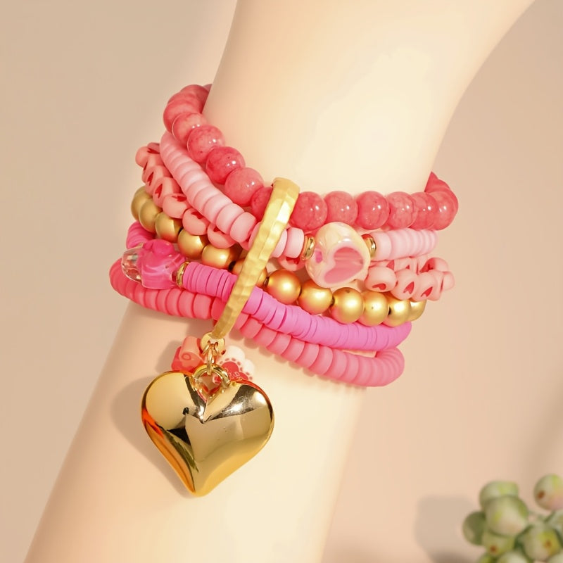 Pulsera de resina rosa bohemia con incrustaciones de corazón para mujeres