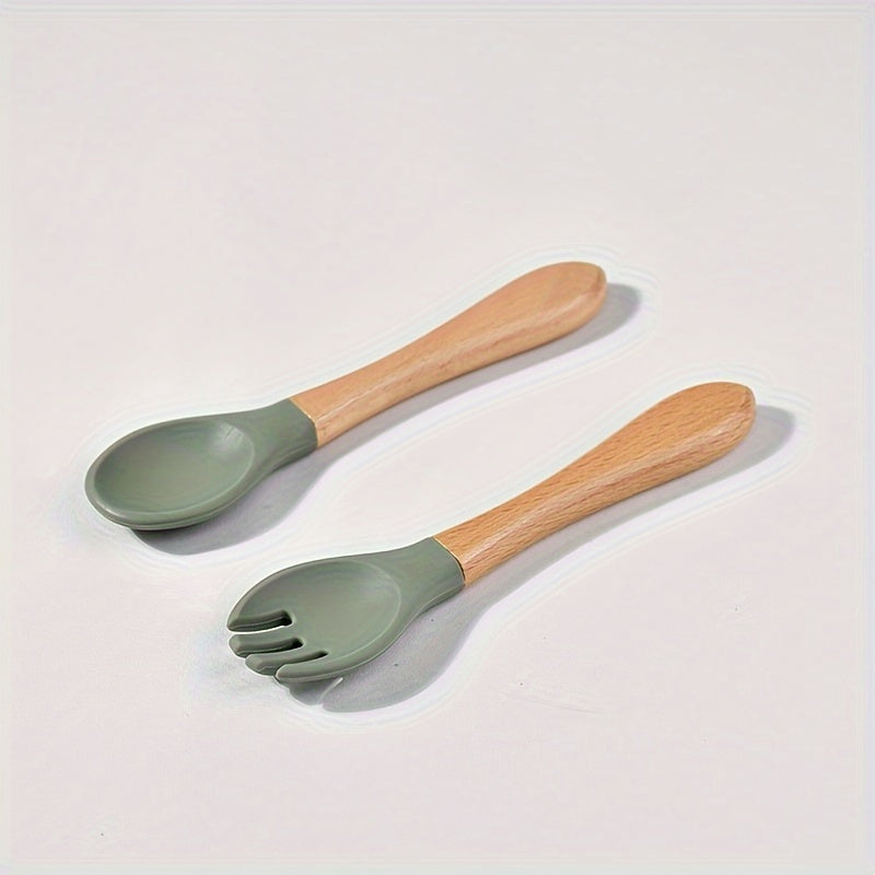 Baby Feeding Utensils Set Silicone Spoon and Fork with Wooden Handles for Training