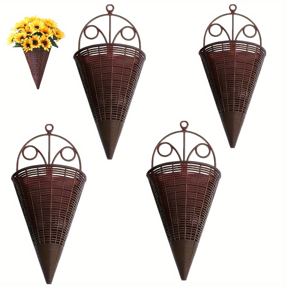 Set of 2/4 Woven Rattan Wall Flower Baskets with Triangle Wall Art Indoor Decor