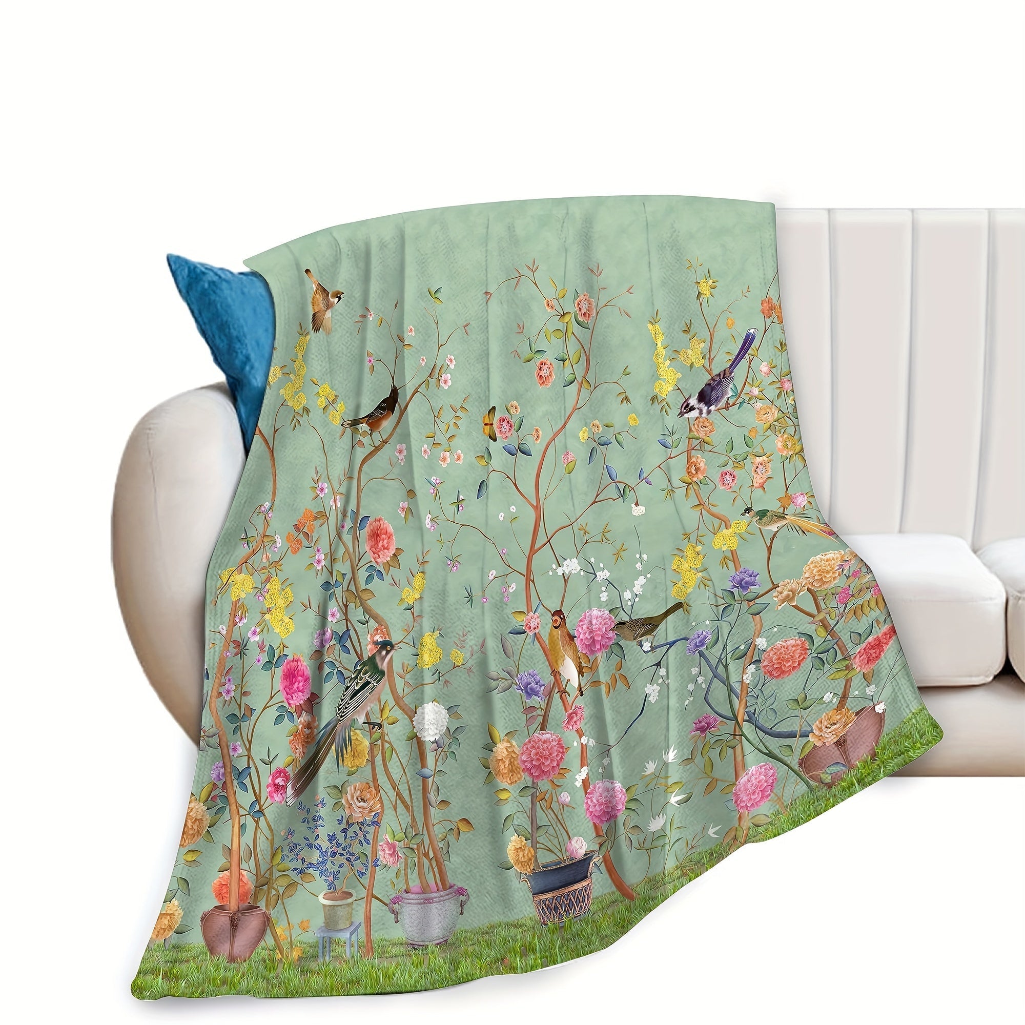 Flannel Blanket with Flower and Bird Pattern Cozy Soft Sofa Throw for All Seasons