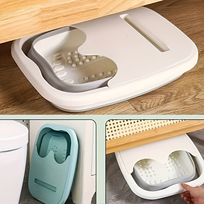 Oq va kulrang dizayndagi qopqoq bilan portativ, egiluvchan oyoq cho'milish idishi, elektr energiyasiga ehtiyoj yo'q, hidlanmaydigan plastik, uyda va sayohatda foydalanish uchun mos.