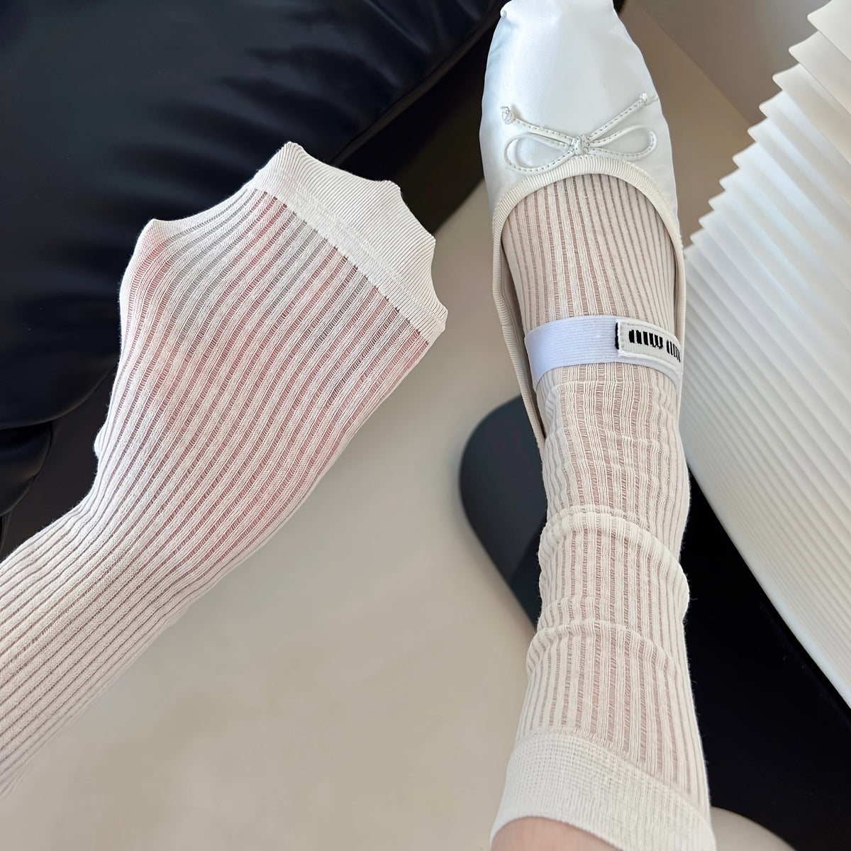 Women's Breathable Hollow Out Mid Tube Socks 4 Pairs Knit Stripes