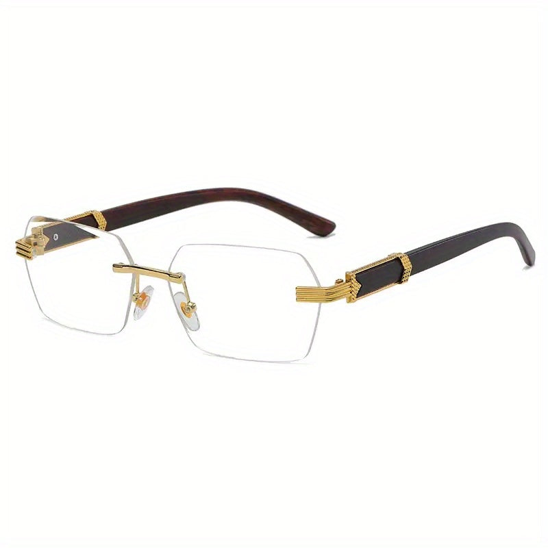 Unisex Rimless Rectangular Glasses with Faceted Lenses and Imitation Wood Temples
