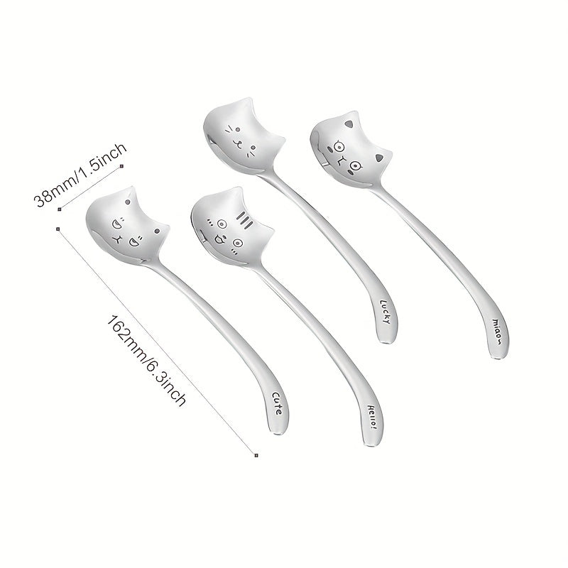 Set of 4 Long-Tail Cat Dessert Spoons Stainless Steel