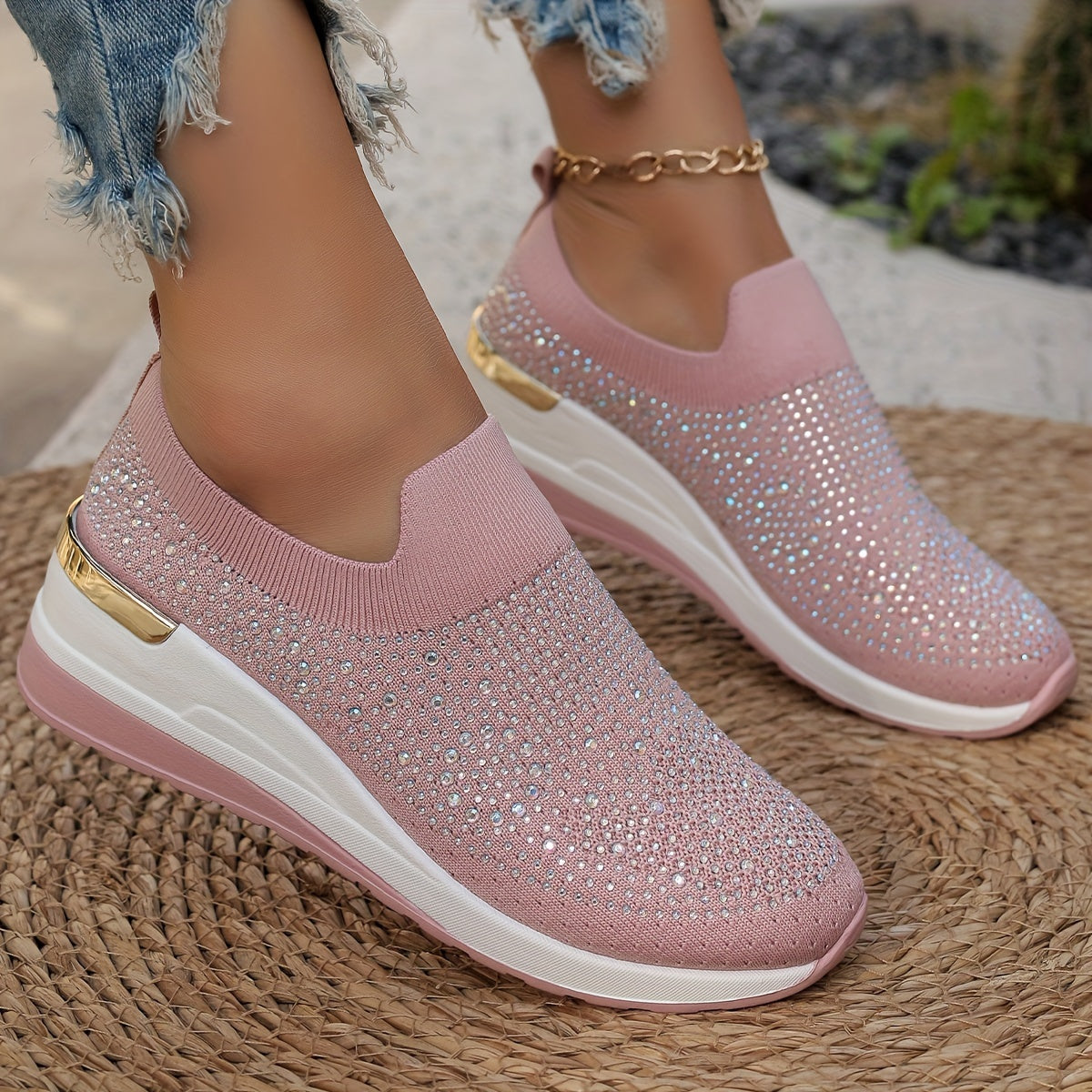 Women's Rhinestone Decor Platform Sneakers Casual Slip-On Outdoor Shoes