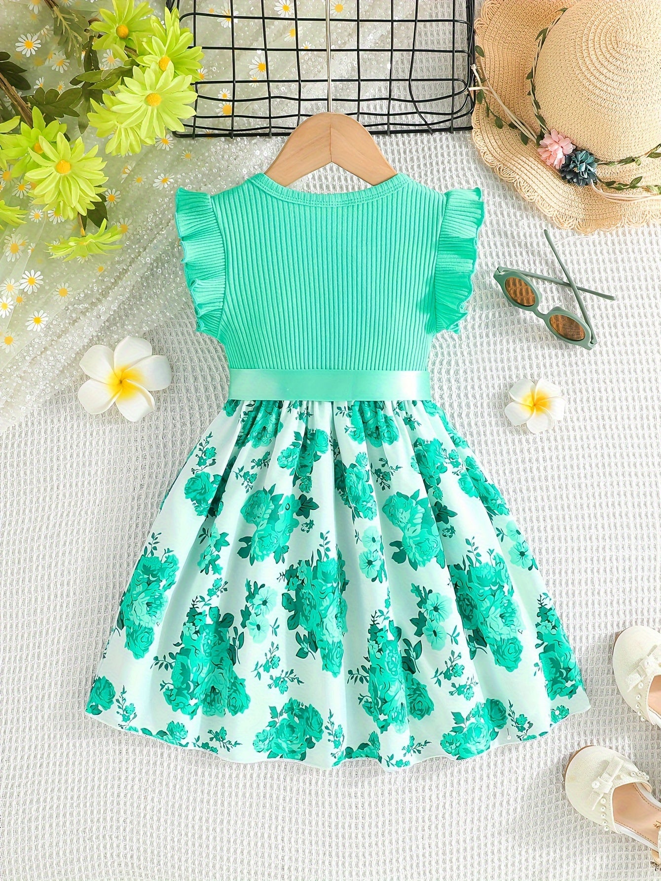 Girls Summer Floral Cotton Dress Sleeveless with Belt for Girls 12 and Under