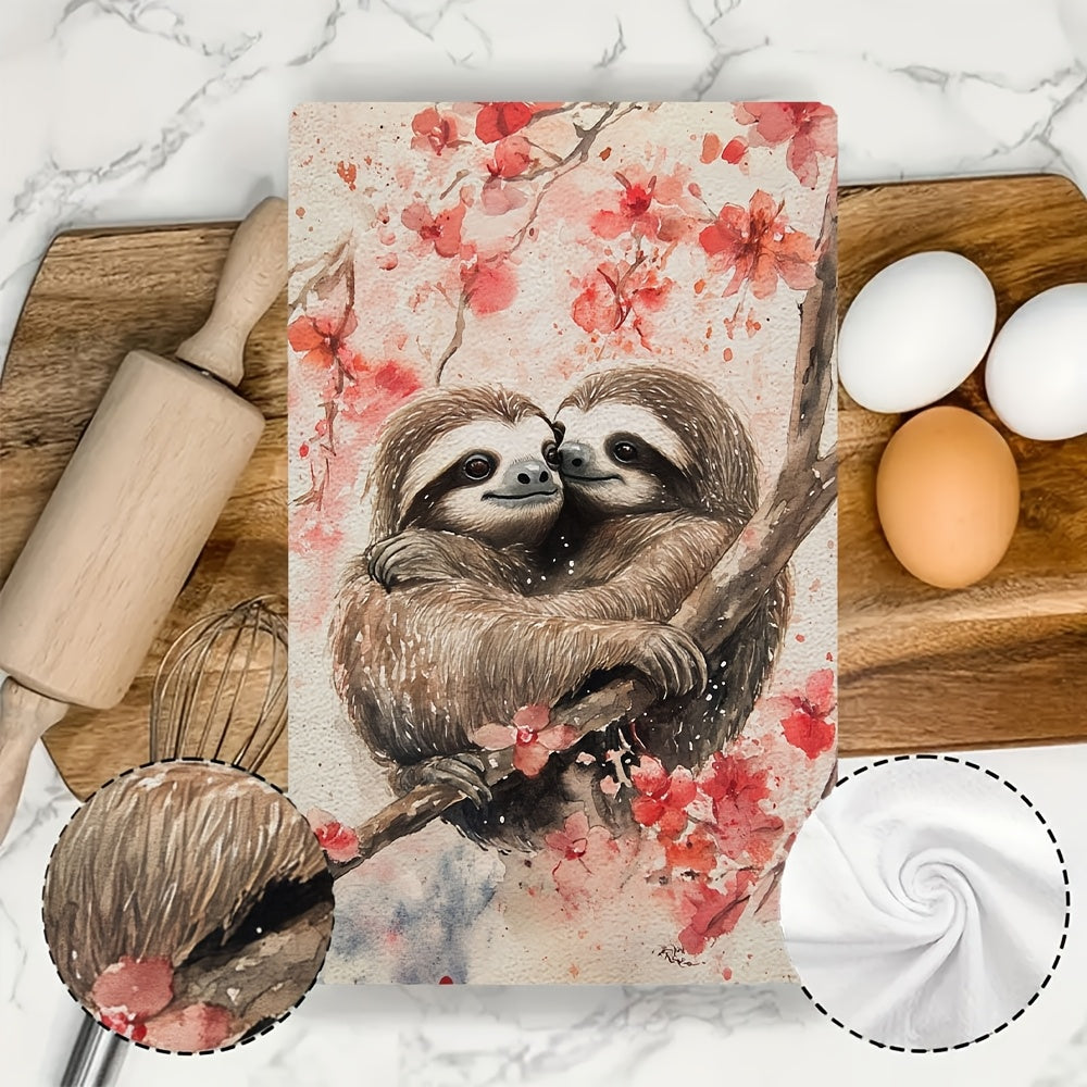 Set of 2 Ultra Plush Kitchen Towels Valentine Sloths Cherry Blossom Greenery 40x60 cm