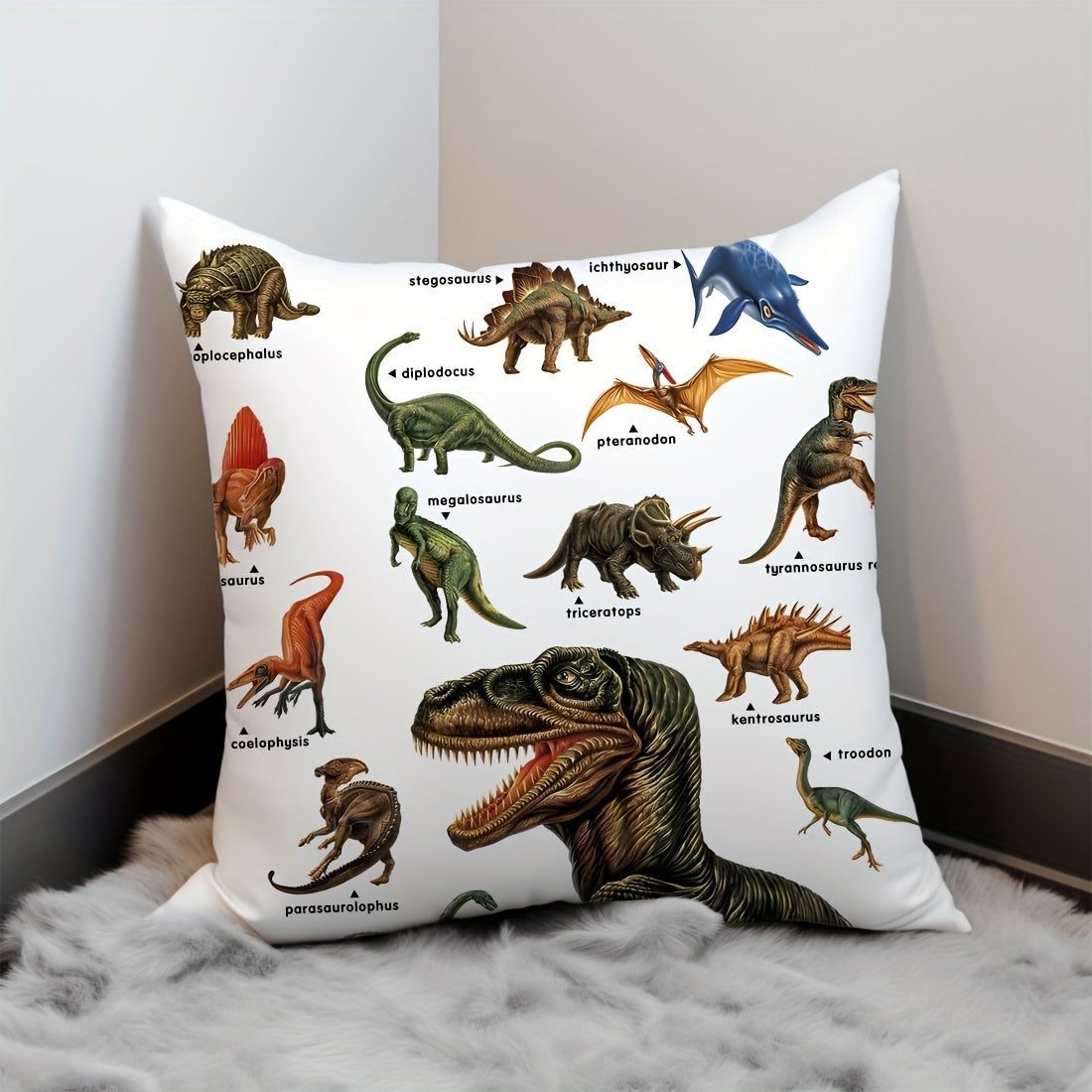 45x45cm Dinosaur Educational Illustration Pillowcase Made from Peach Skin Velvet for Sofa Bed Car Decor