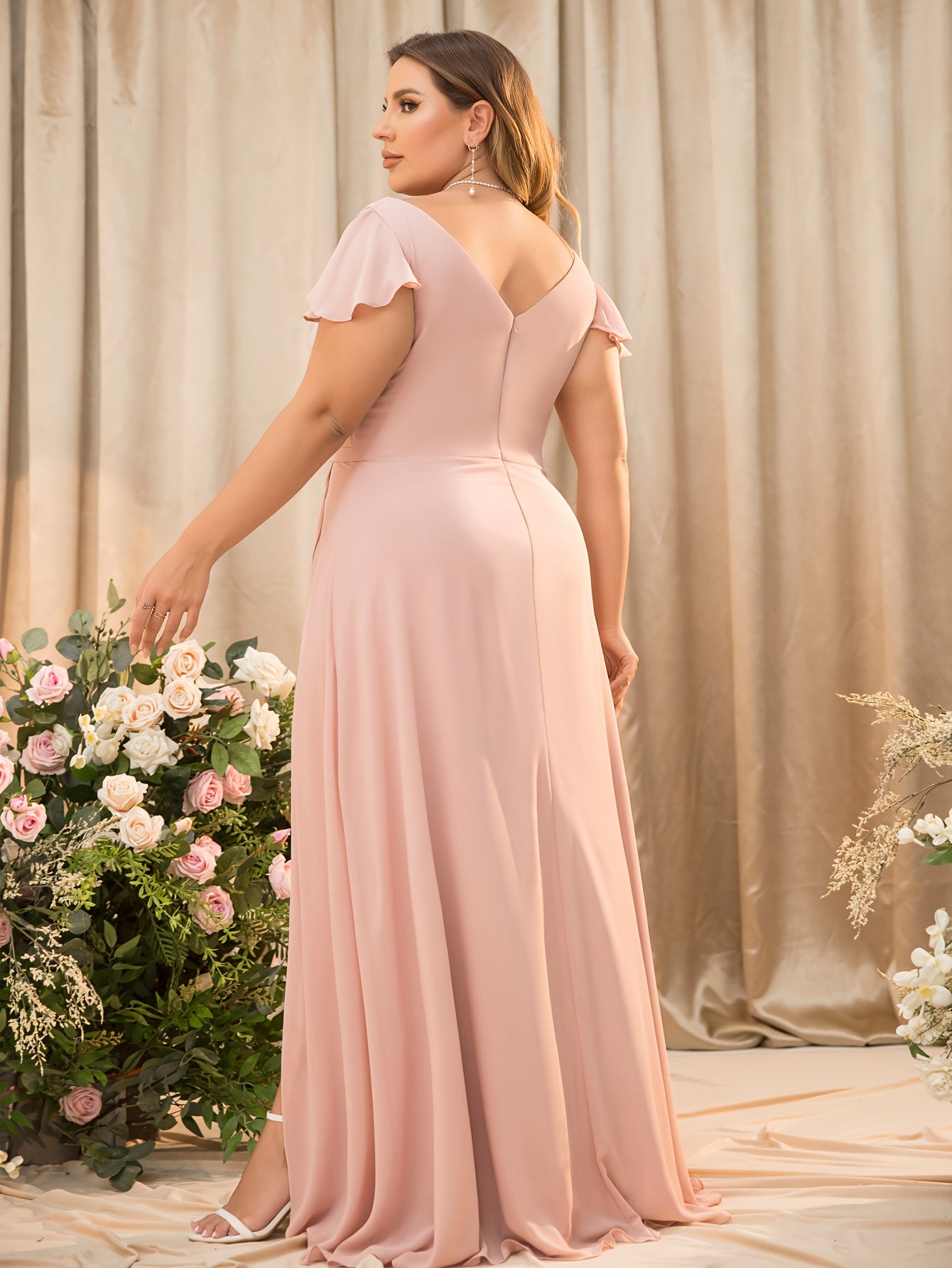 Plus Size Chiffon Bridesmaid Dress with Ruffle Sleeves V-Neck Gown