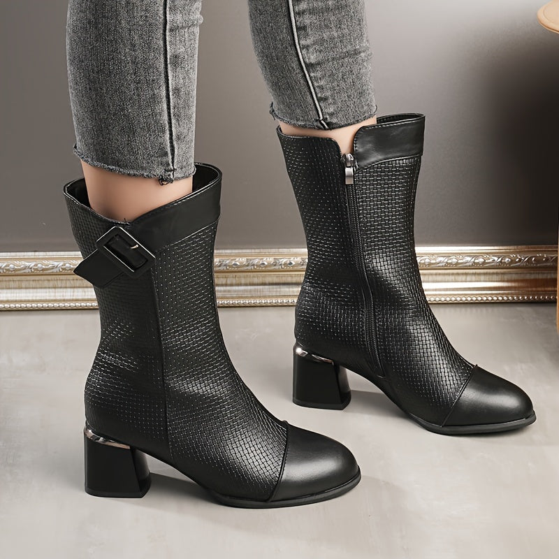 Women's Fleece-Lined Winter Mid-Calf Boots Slip-Resistant Hex Pattern Black