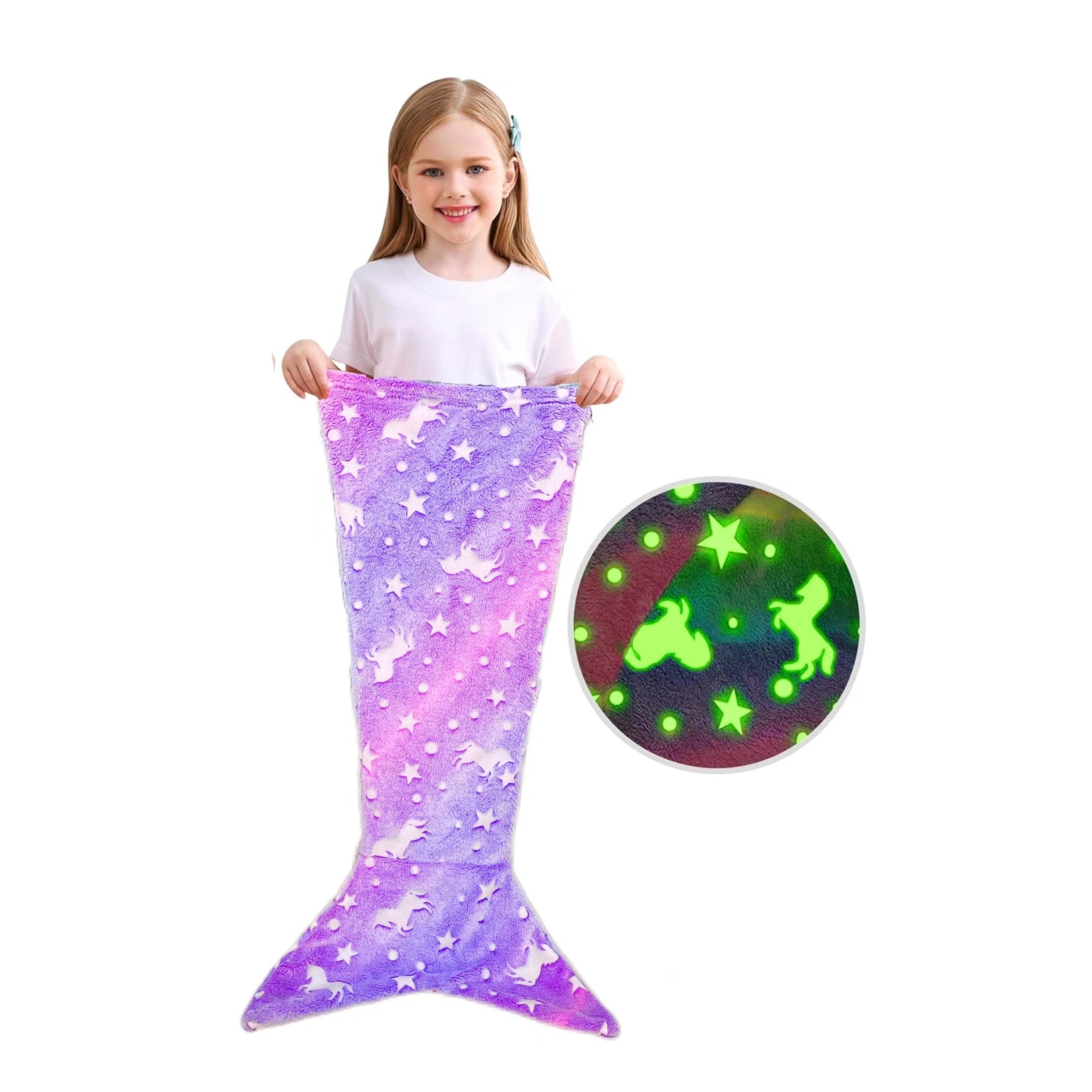 Kids Girls Rainbow Unicorn Mermaid Tail Blanket Flannel Glow-in-the-Dark Cozy