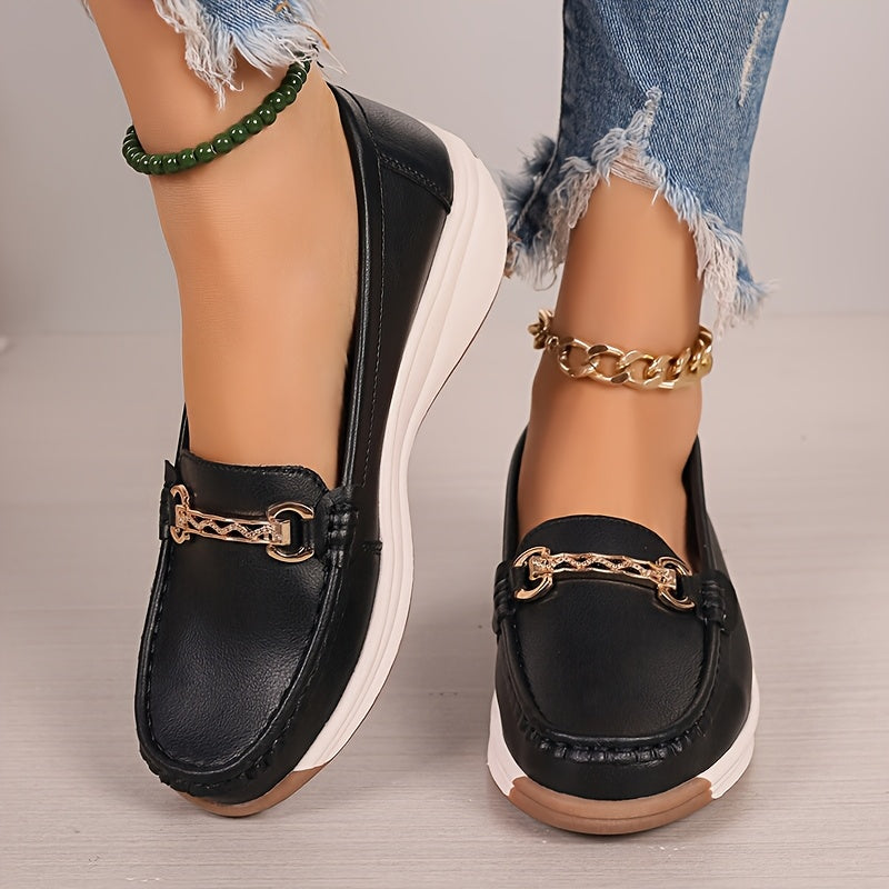 Women's Metal Buckle Loafers Flat Shoes Non Slip Casual Solid Color
