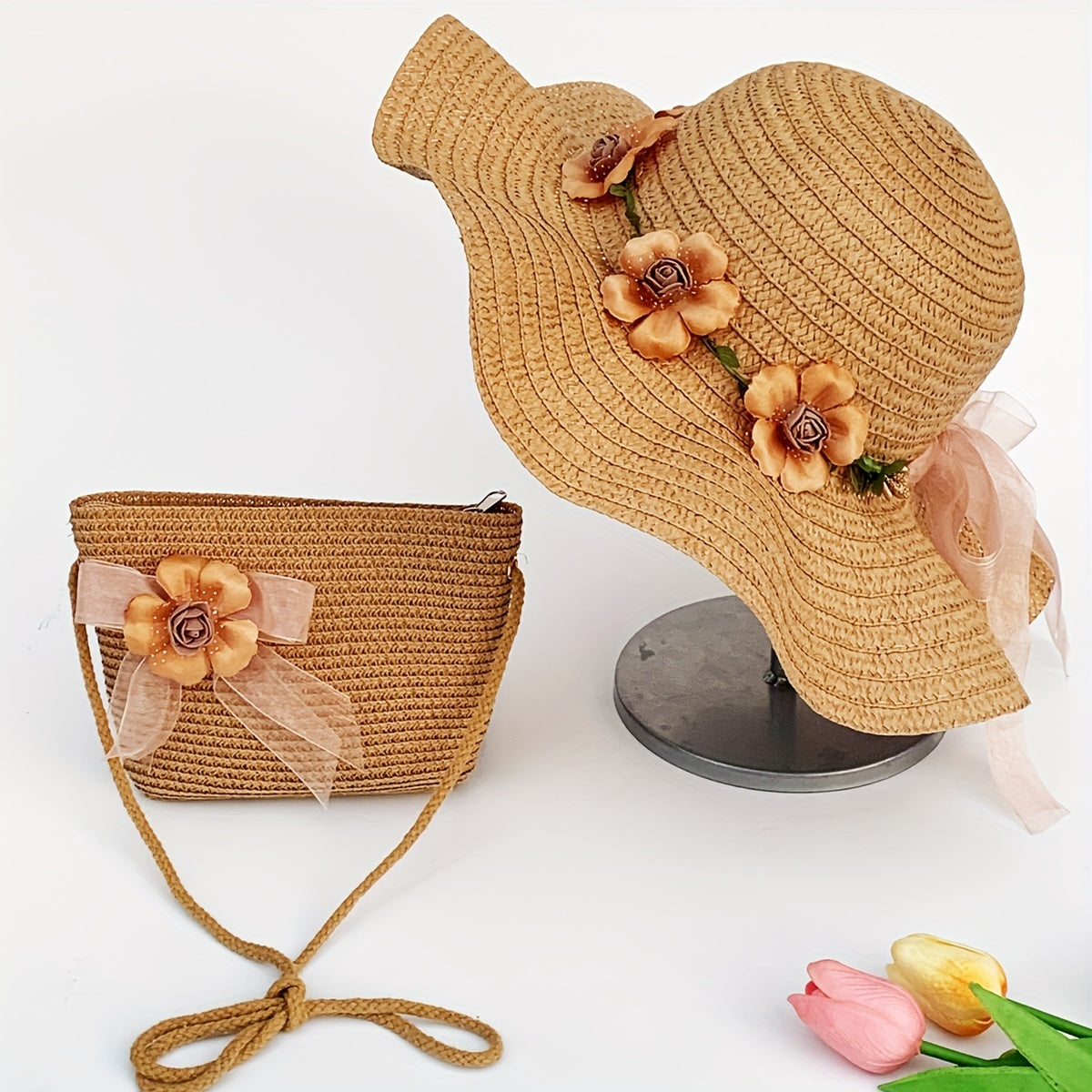 Women's Straw Hat and Pouch Set with Floral Accents for Outdoor and Vacation Use