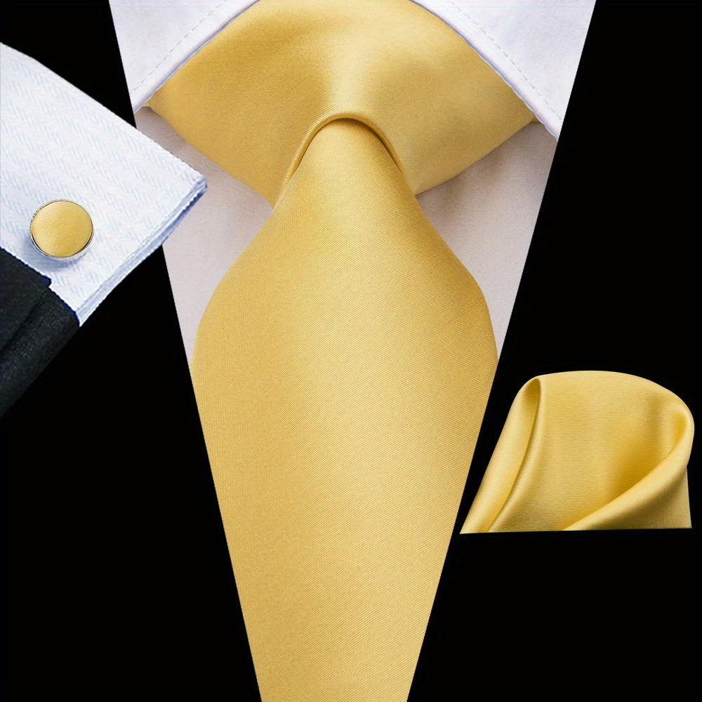 Men's Jacquard Woven Solid Necktie Set with Hanky and Cufflinks for Weddings and Business