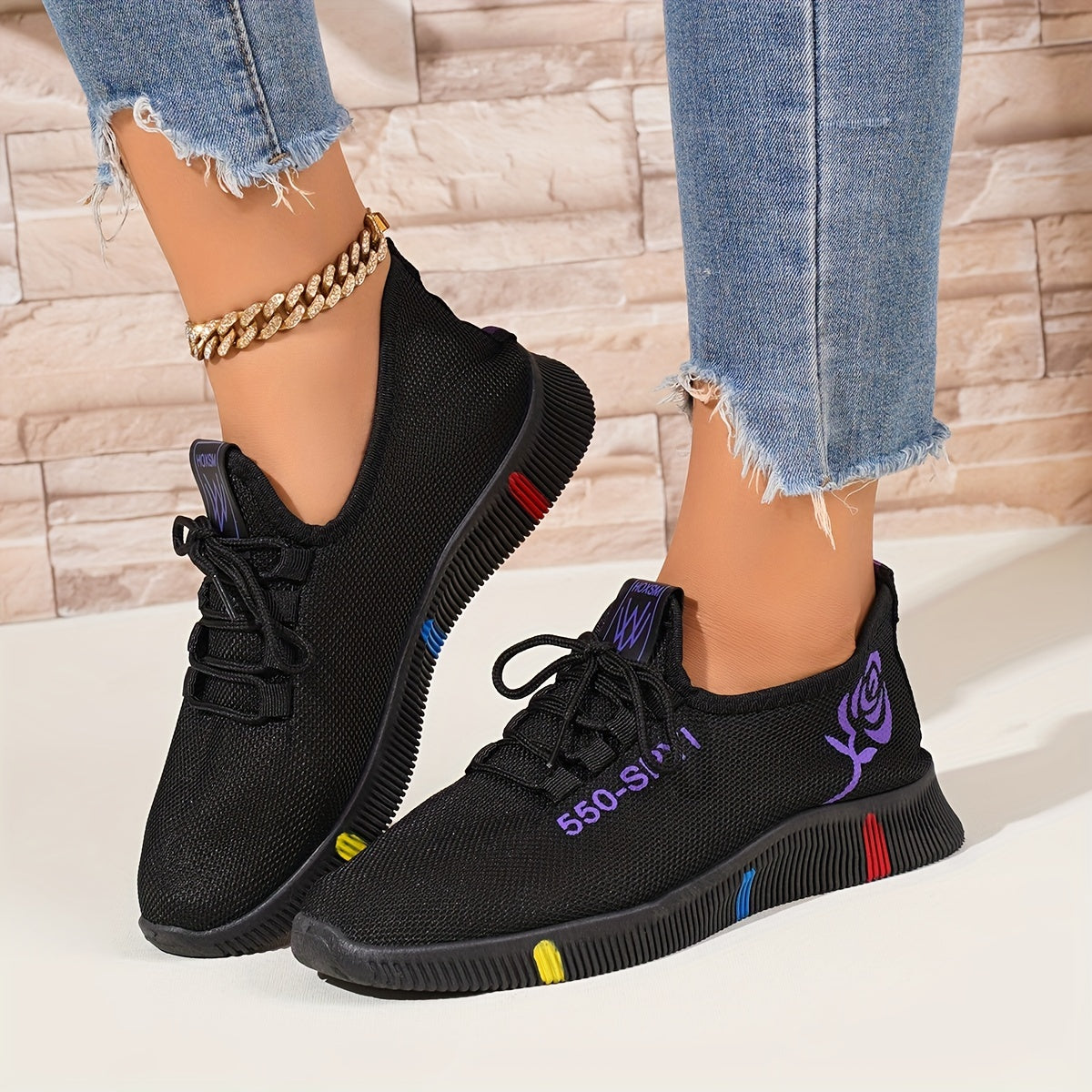 Women's Breathable Knit Sneakers Casual Lace-Up Outdoor Low Top Sport Shoes