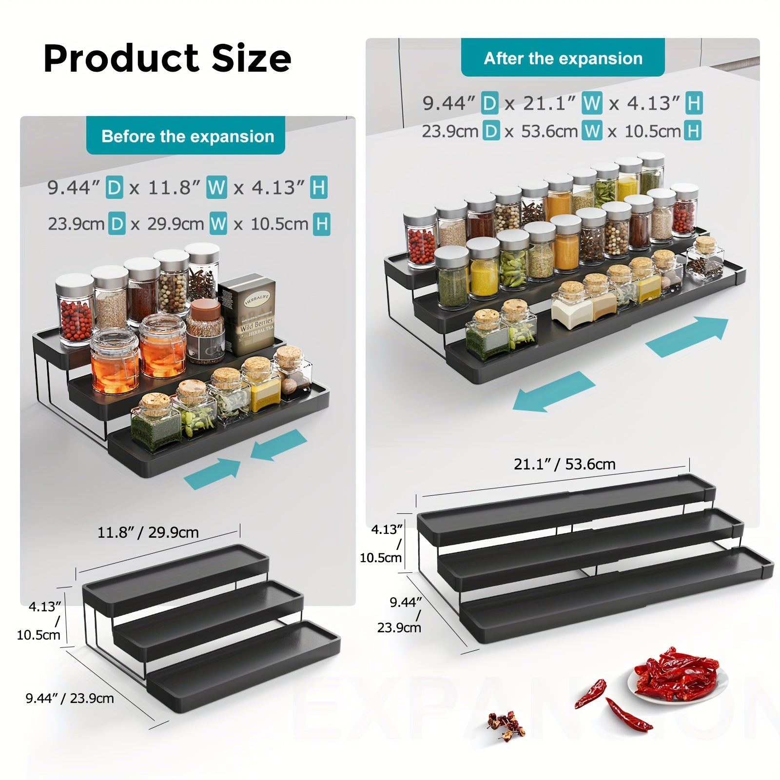 Expandable Spice Storage Organizer with Adjustable Tiers for Kitchen Cabinets and Pantry