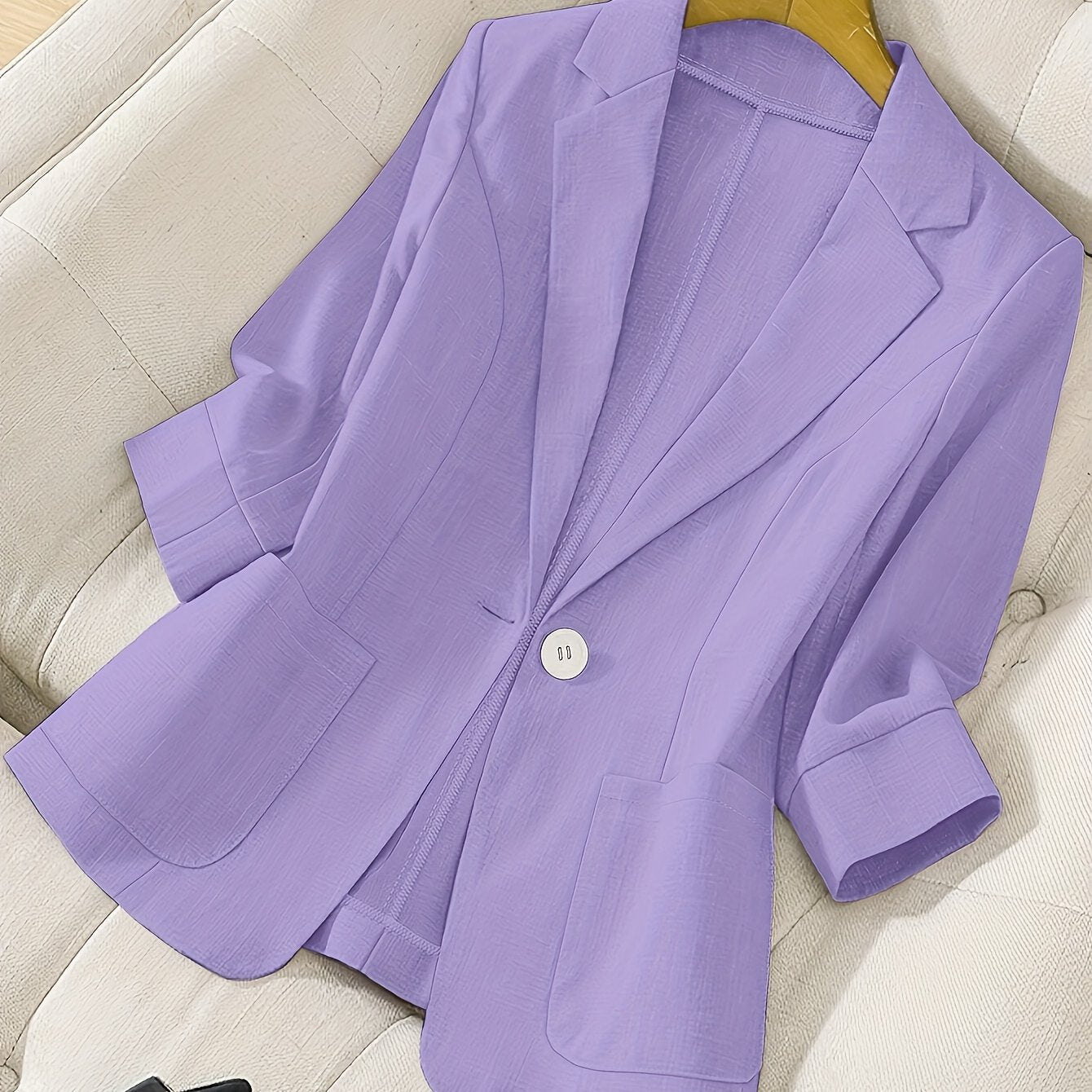 Women's Light Blue Blazer with Pockets Long Sleeve Notched Collar Polyester Spring Summer Office Casual