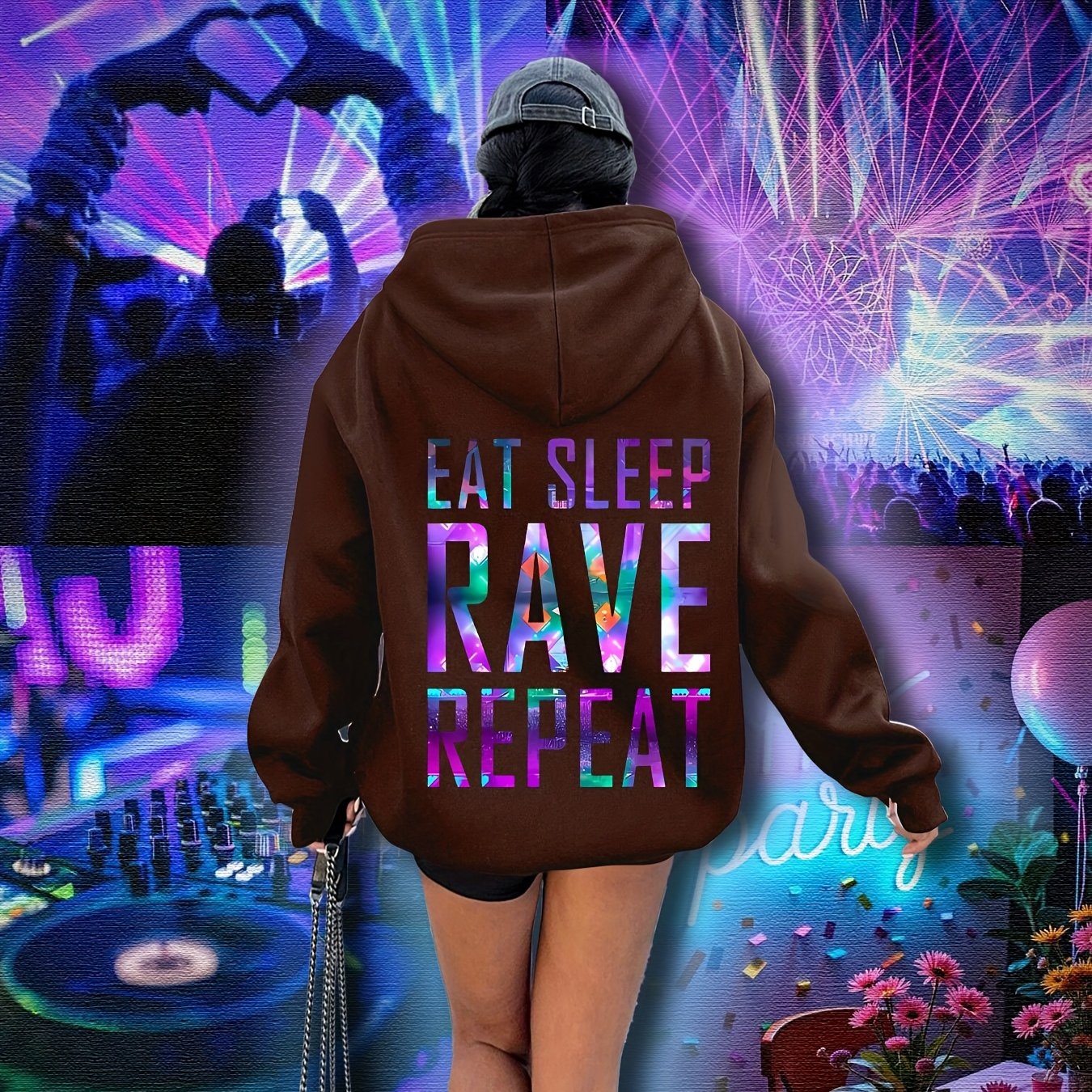 Sudadera con capucha gráfica de talla grande para mujer, festival de música rave, luces, casual, de sobreponer