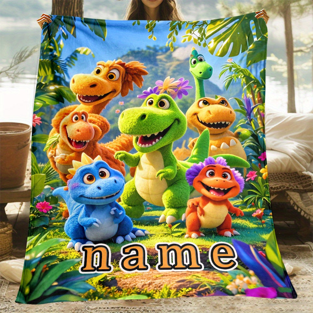 Personalized Fleece Blanket with Custom Name and Cartoon Dinosaur Print Lightweight Flannel Throw for Sofa Bed Travel Living Room Office