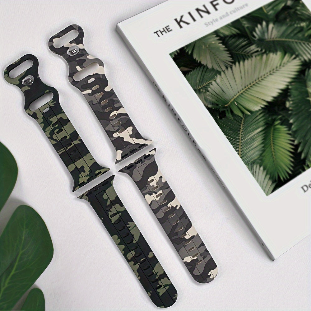 Ko'p rangli kamuflyaj silikondan yasalgan sport tasmasi IWatch Series 9-1 SE uchun, suv o'tkazmaydigan, terga chidamli, qulay, mustahkam, metall sozlash teshigi bilan, kapalak dumiga o'xshash dizayn.