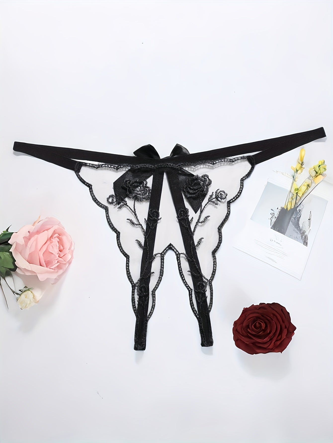 Women's Transparent Thong with Embroidered Red Rose Flowers and Low Waist Trousers