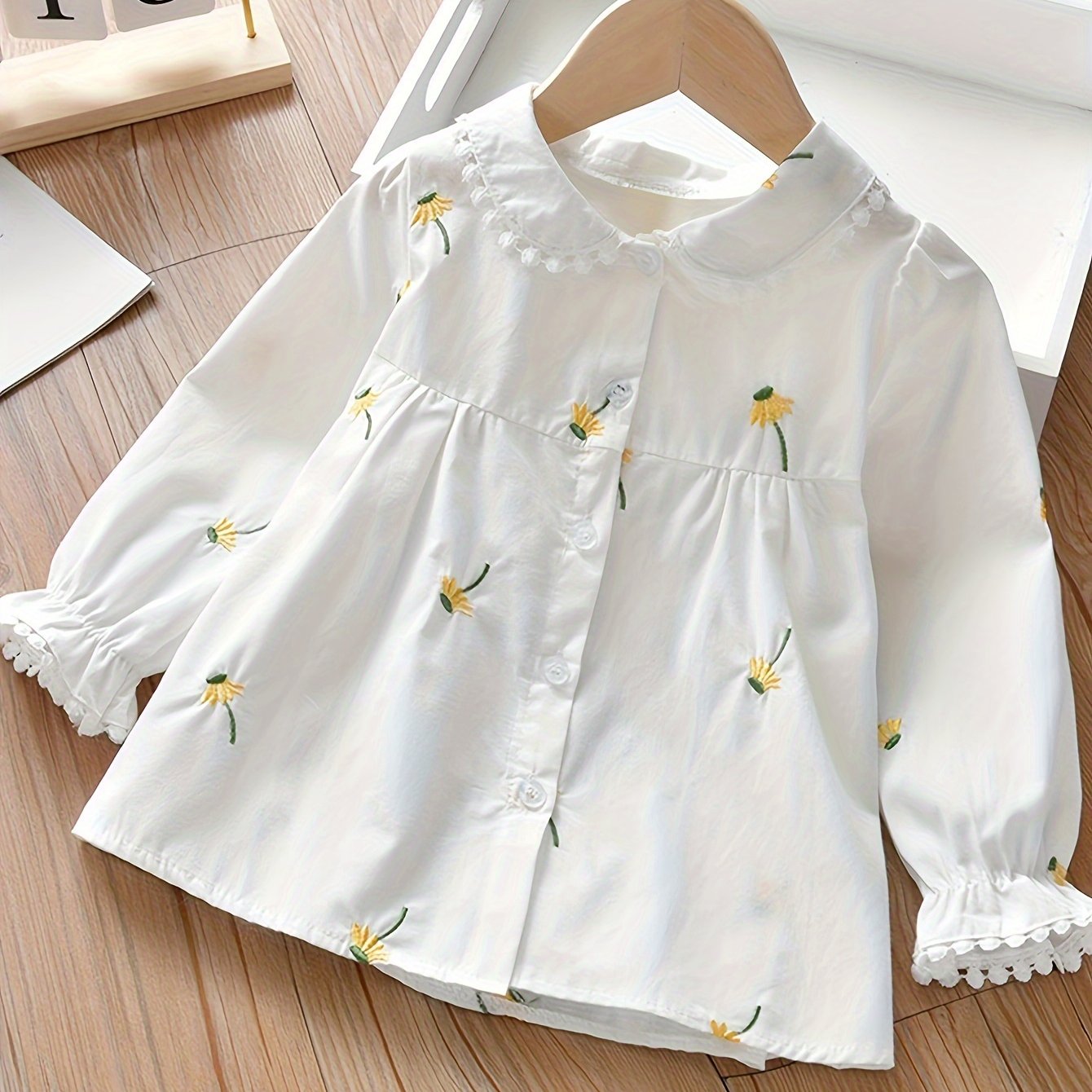 Girls' Long-Sleeve Embroidered Floral Shirt for Girls Over 3 Years Cotton Blend Spring Fall