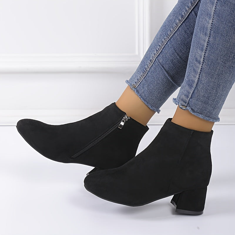 Women's Chunky Heel Ankle Boots Casual Side Zipper Comfortable Black