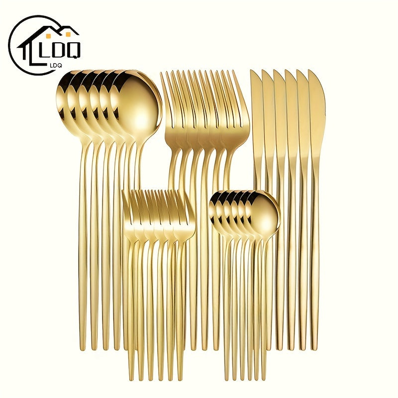 30pc Golden Stainless Steel Flatware Set Rust-Resistant Cutlery for Home Kitchen Restaurant