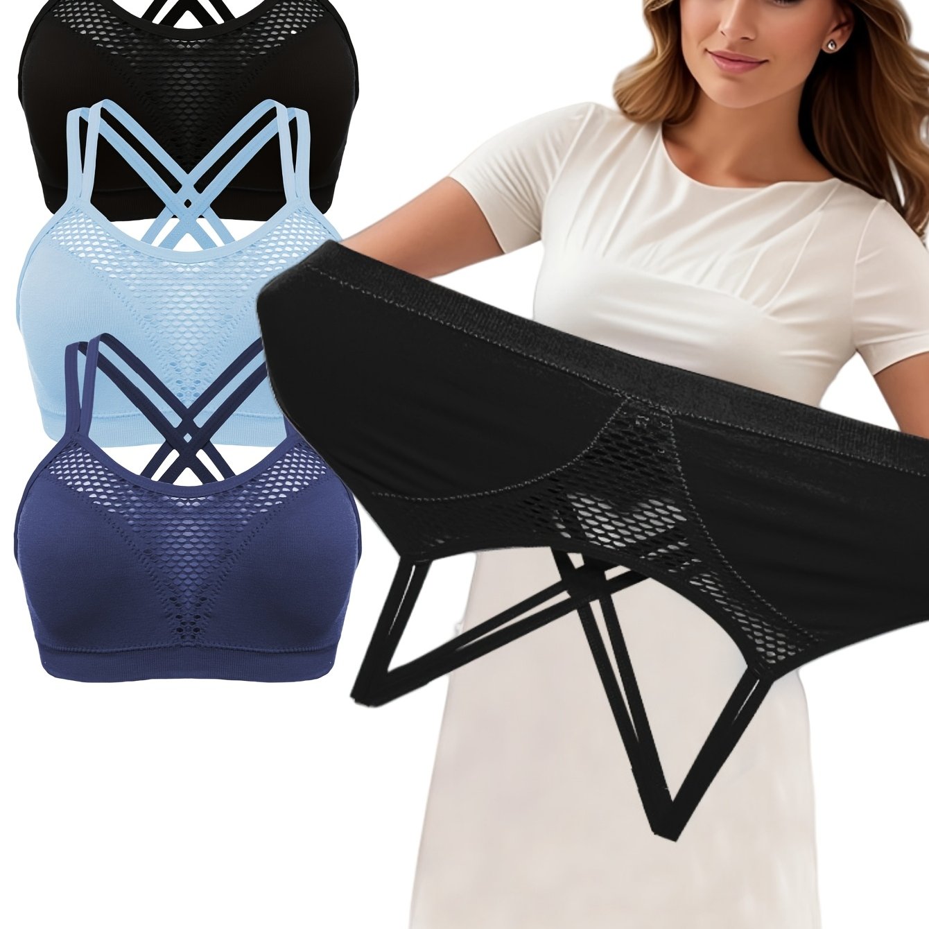 Women's Plus Size Seamless Wireless Sports Bra 3 Pack Breathable Hollow Design