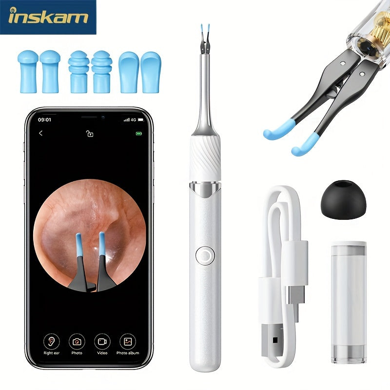 3-in-1 Smart Ear Wax Removal Kit with Camera Tweezers Spoon Rechargeable Battery Black White Blue