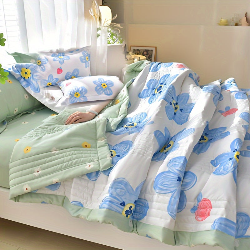 Floral Printed Quilt Set for All Seasons with Pillowcases for Single Double Bed Sofa Guest Room Home