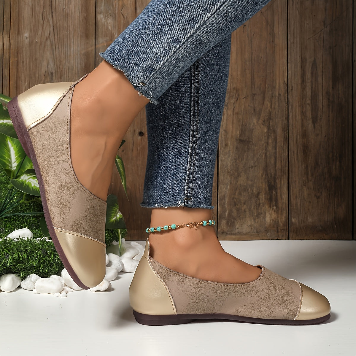 Women's Slip-On Mary Jane Flats - Casual Rounded Toe Shoes Non-Slip Rubber Sole