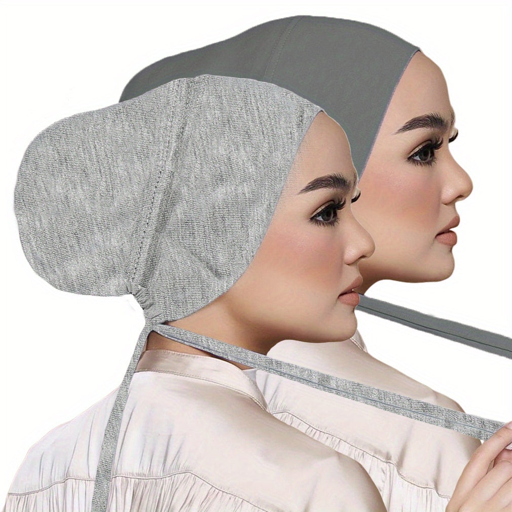 Set of 2 Solid Color Tied Back Undercaps with Elastic Inner Hijab Caps for Women