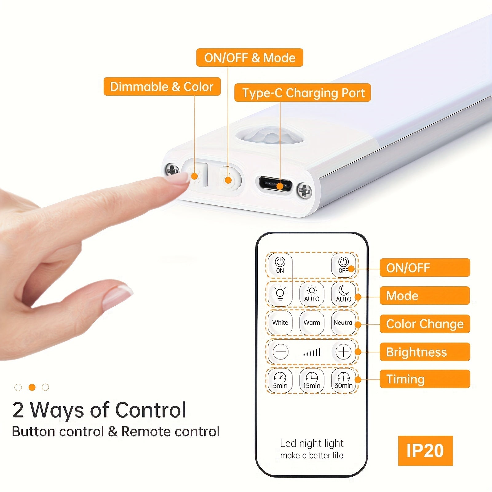 LED Motion Sensor Light for Cabinets Closets and Indoor Spaces with Remote Control Dimmable Timer USB Rechargeable