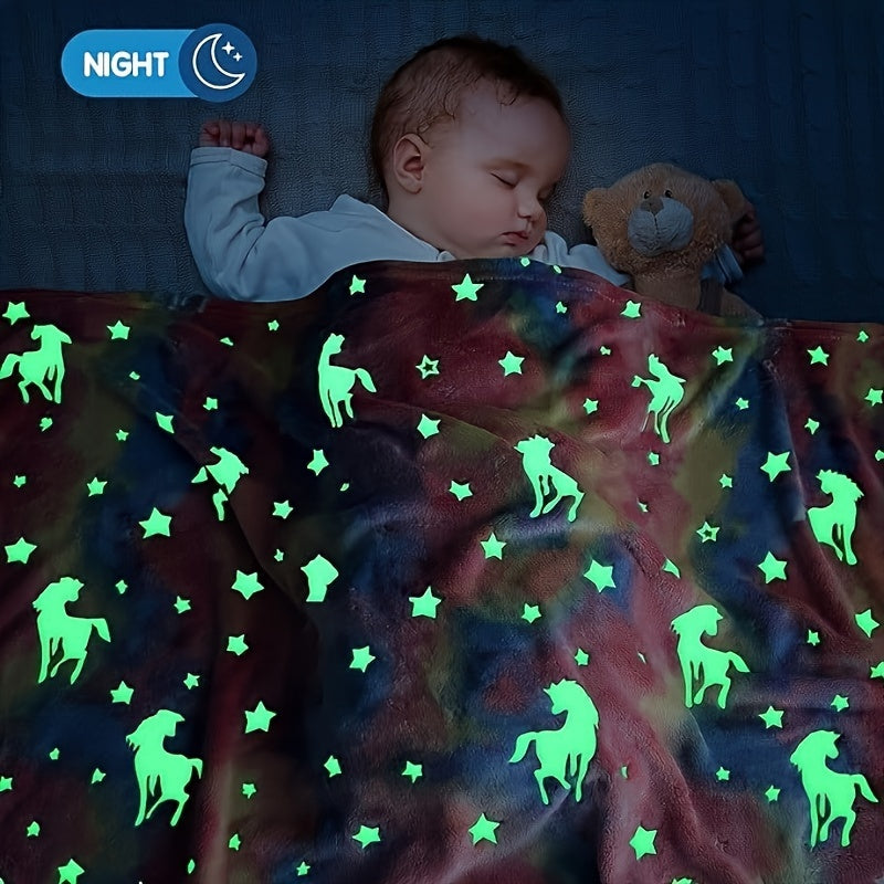 Bolalar uchun Unicorn Glow in the Dark Throw Blanket, flanel, mo'rt, yorituvchi, anime, yotoq, divan, avtomobil, ofis