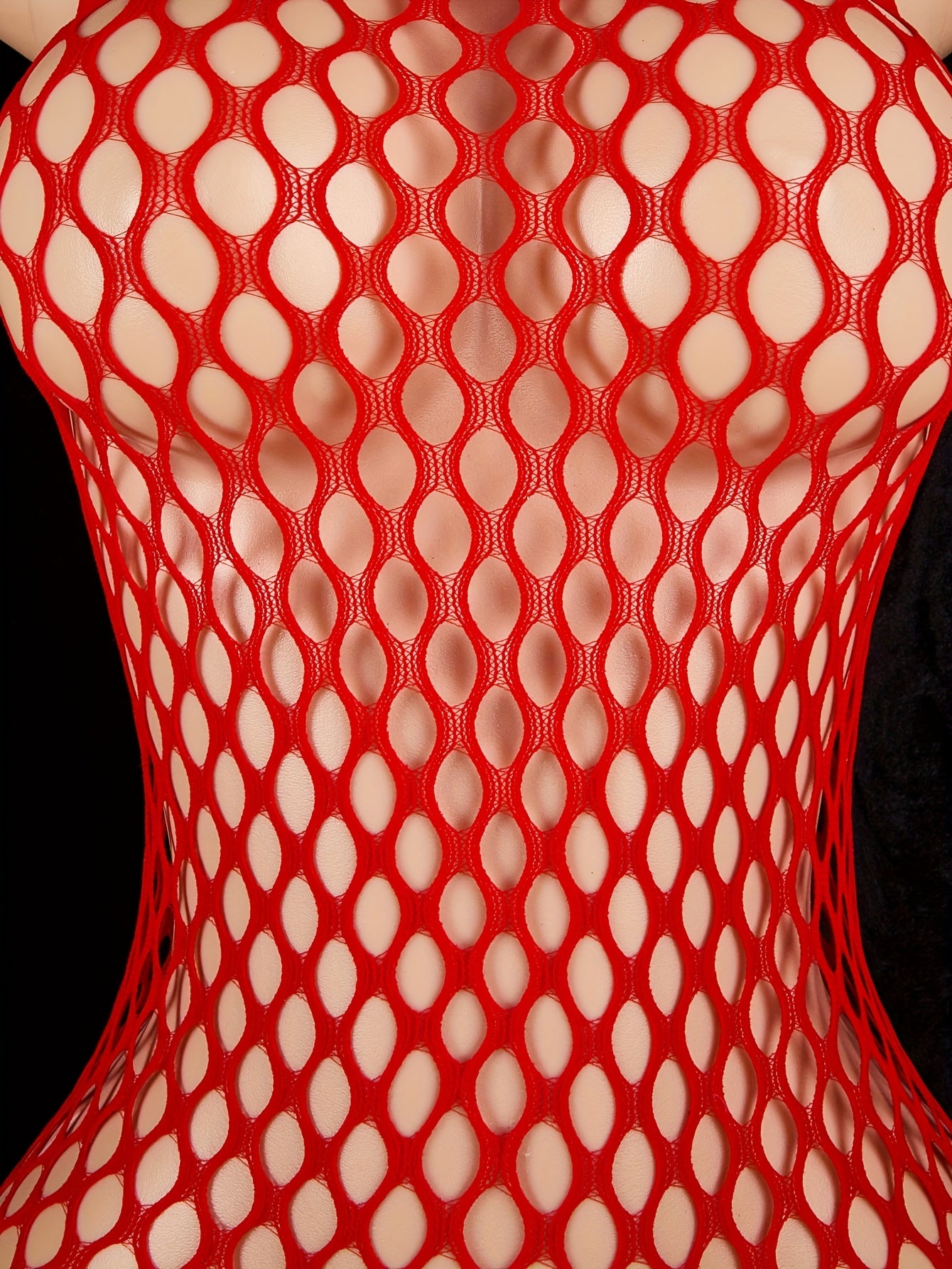 Women's Red Halter Fishnet Bodysuit Lingerie Open Crotch See-Through Hollow-Out