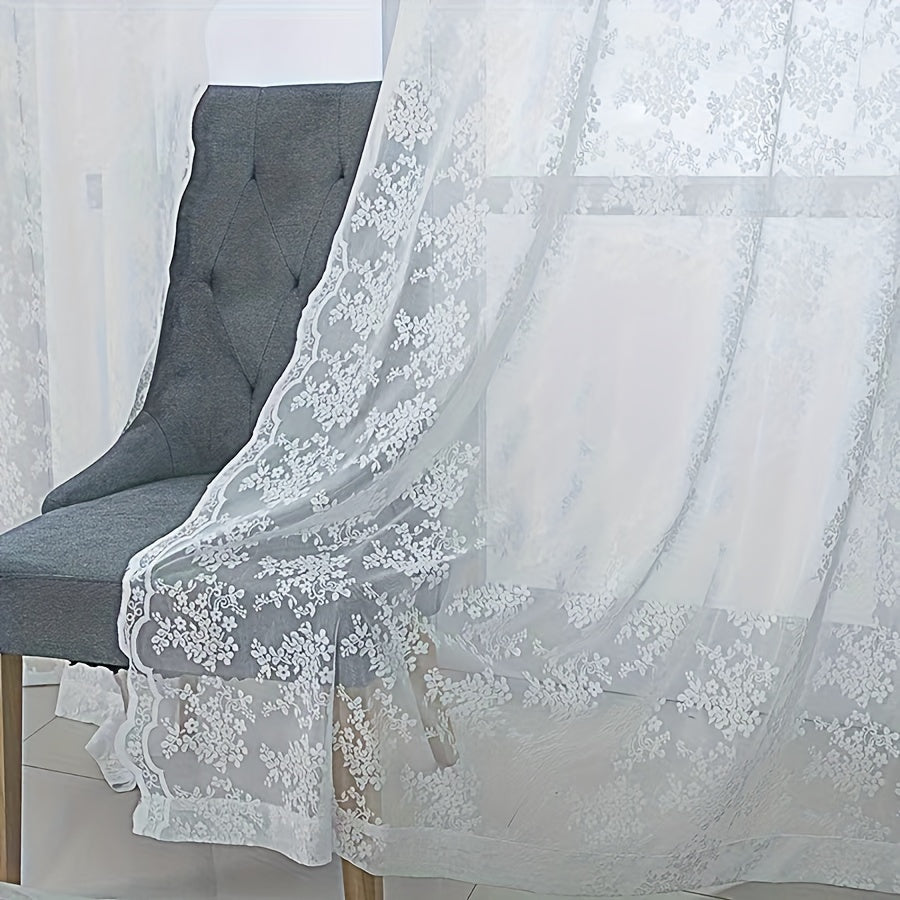French Romantic Lace Sheer Curtains with Floral Double-Sided Design and Rod Pocket