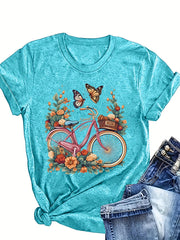 Women's Turquoise Short Sleeve T-Shirt Breathable Casual Top with Floral Print